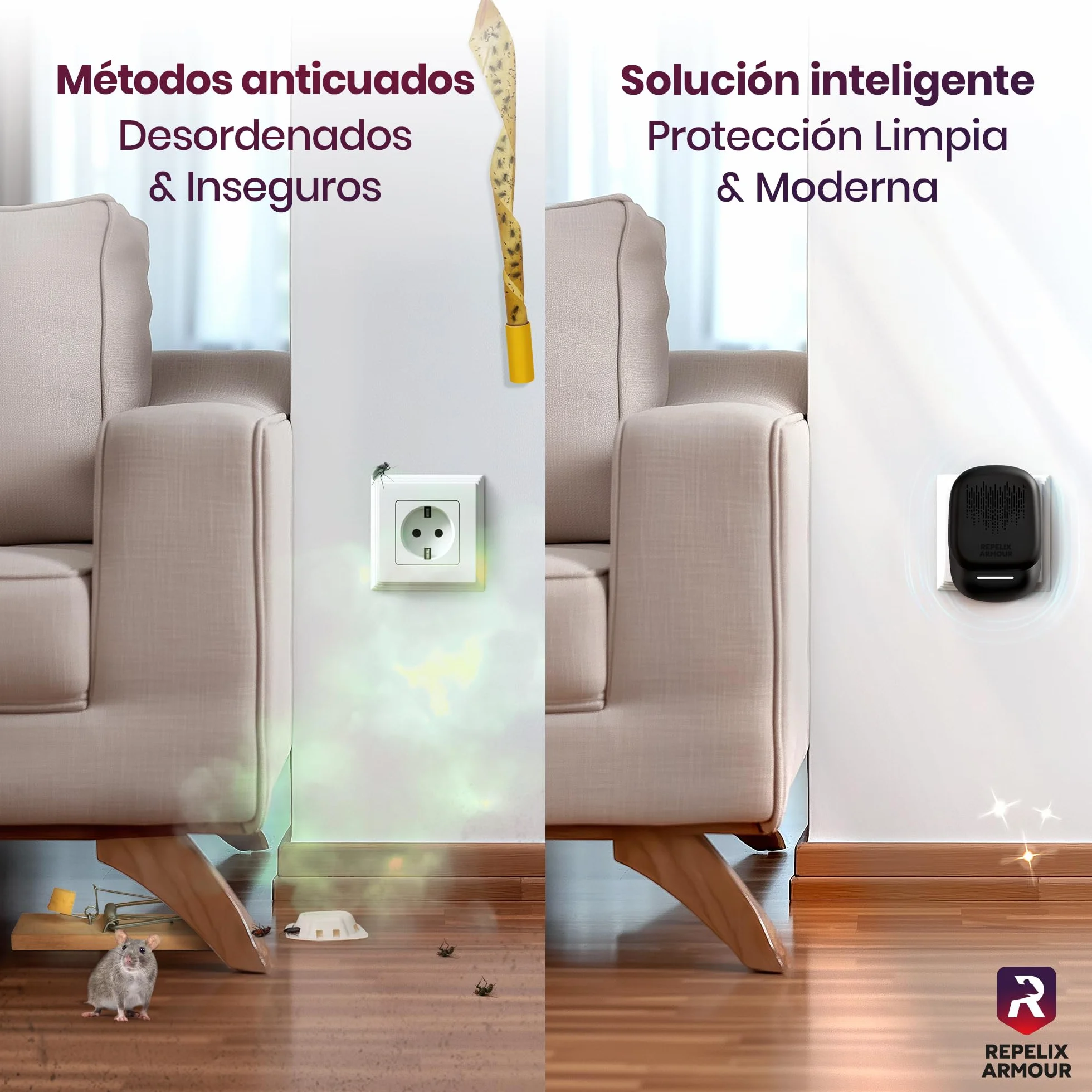 Repelente ultrasónico de plagas para Interiores Pack de 2 140m² 3 Modos