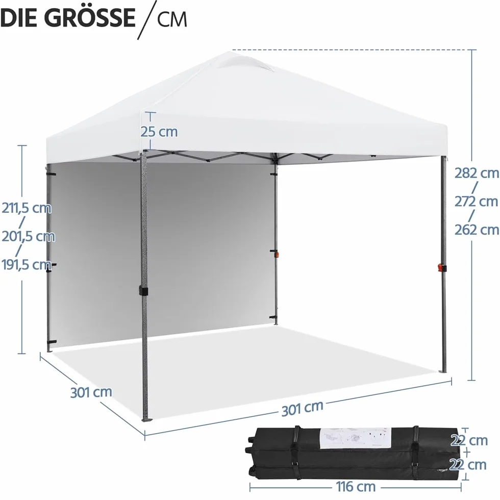 Yaheetech Carpa Plegable 3x3 m Cenador de Jardín con 1 Pared Lateral Altura Ajustable 262-282 cm Gazebo para Exterior Camping Playa Patio Anti-UV Impermeable y Bolsa de Arena