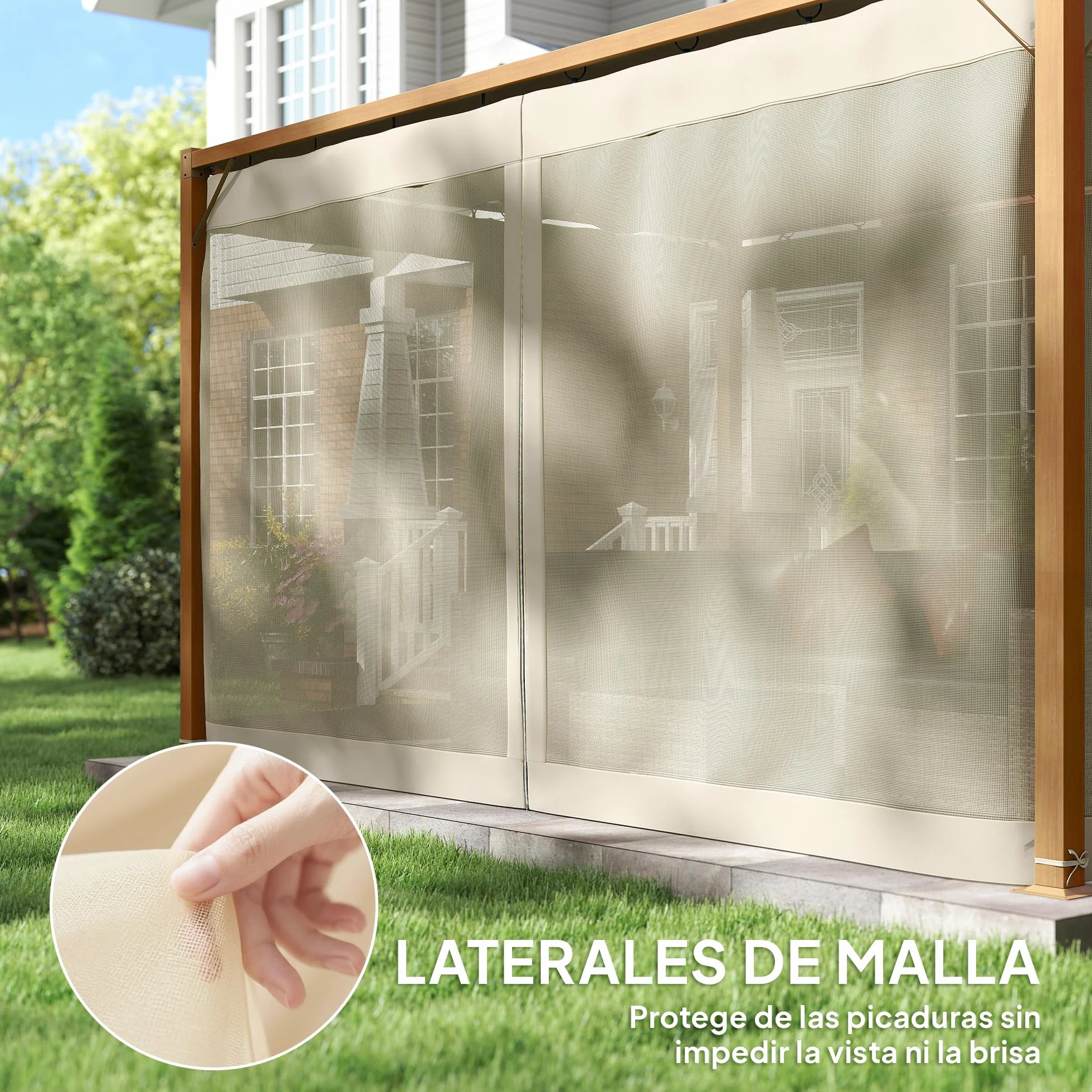 Outsunny Pérgola de Jardín 3x4 m con Techo Retráctil y 4 Paredes Laterales de Malla, Cenador de Jardín con Estructura de Aluminio, UPF30+, Pabellón para Exterior, Patio, Terraza, Natural