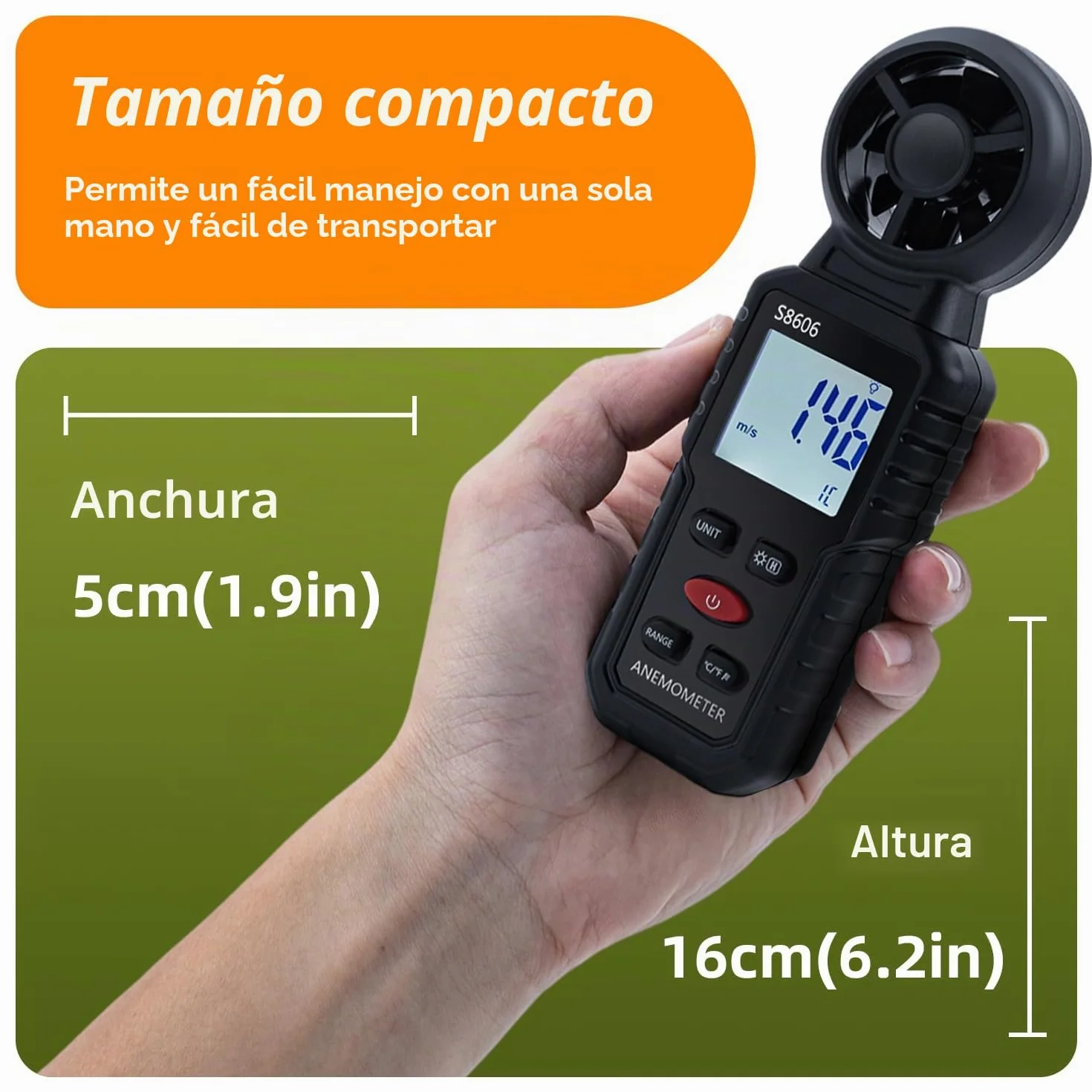 Anemómetro Portátil Digital 3 en 1, Medidor de Velocidad del Viento con Temperatura y Windchill