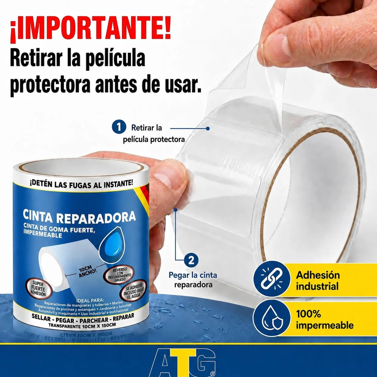 ATG Kit reparación piscina cinta adhesiva impermeable transparente 10×150 cm selladora PVC liner
