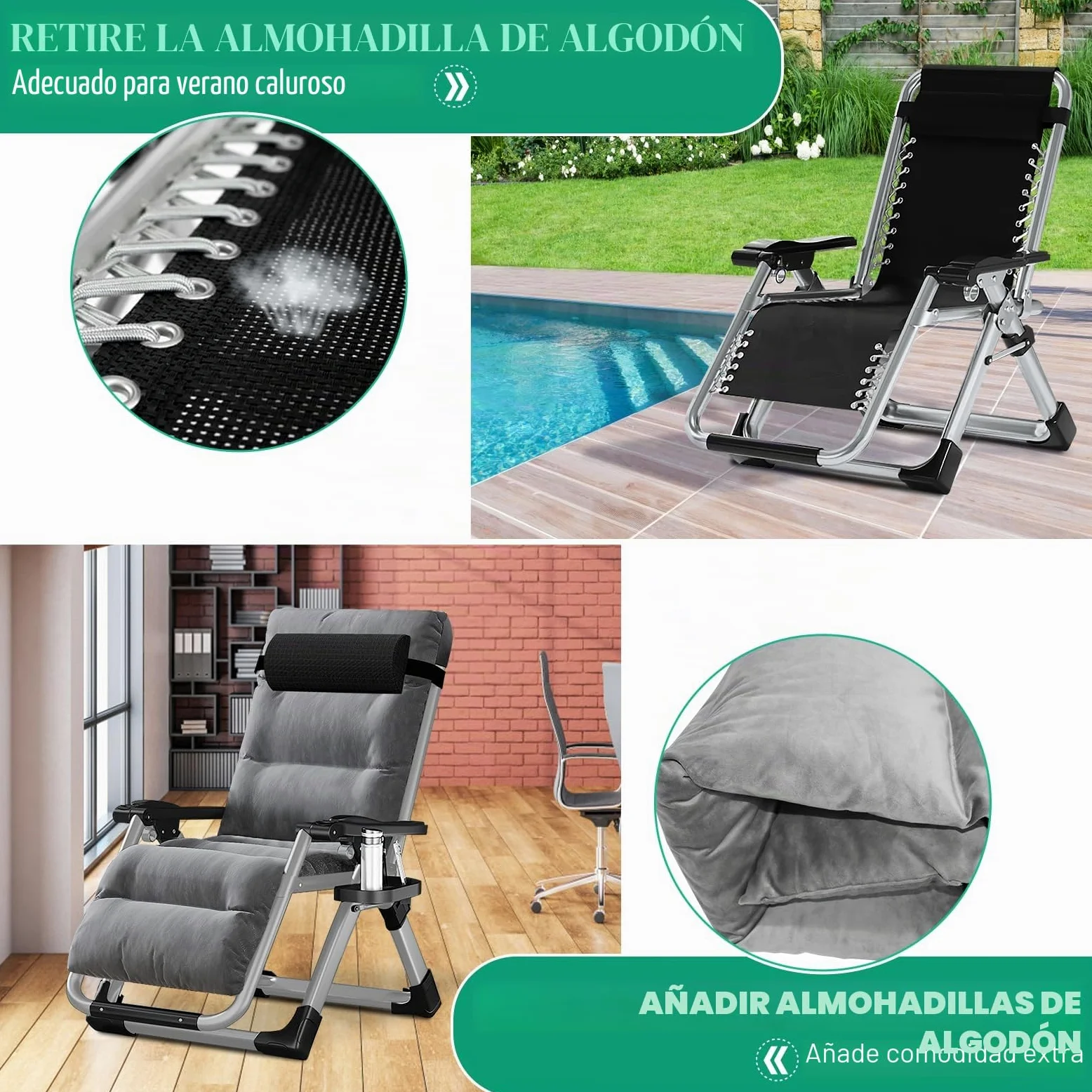 Tumbona plegable para el sol, silla de terraza, con capacidad de carga de 200 kg, silla de gravedad cero con soporte de cojín, portavasos, tumbona de jardín extraancha ajustable para patio