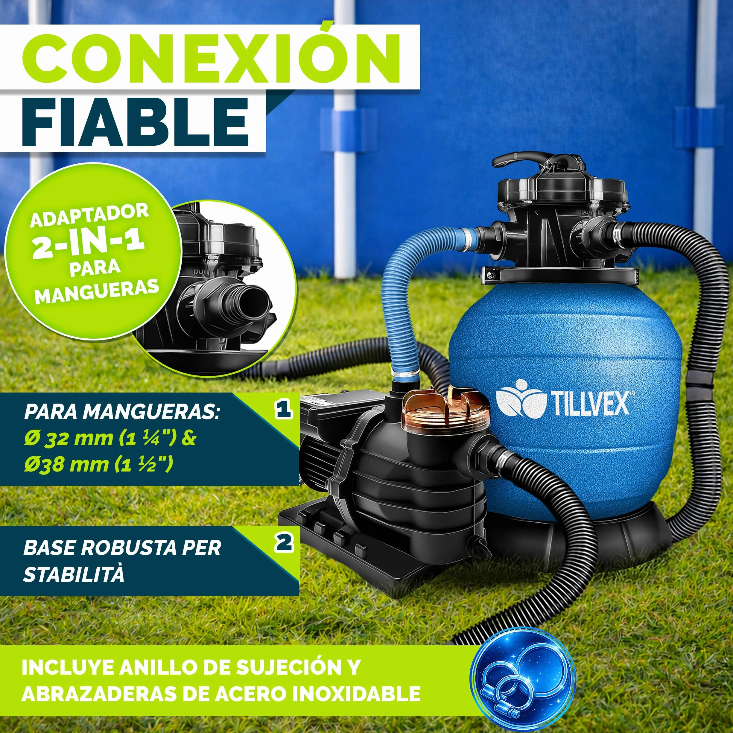 Tillvex Depuradora de Agua para Piscina 10 m³/h Bomba de Filtro de Arena con Válvula Azul