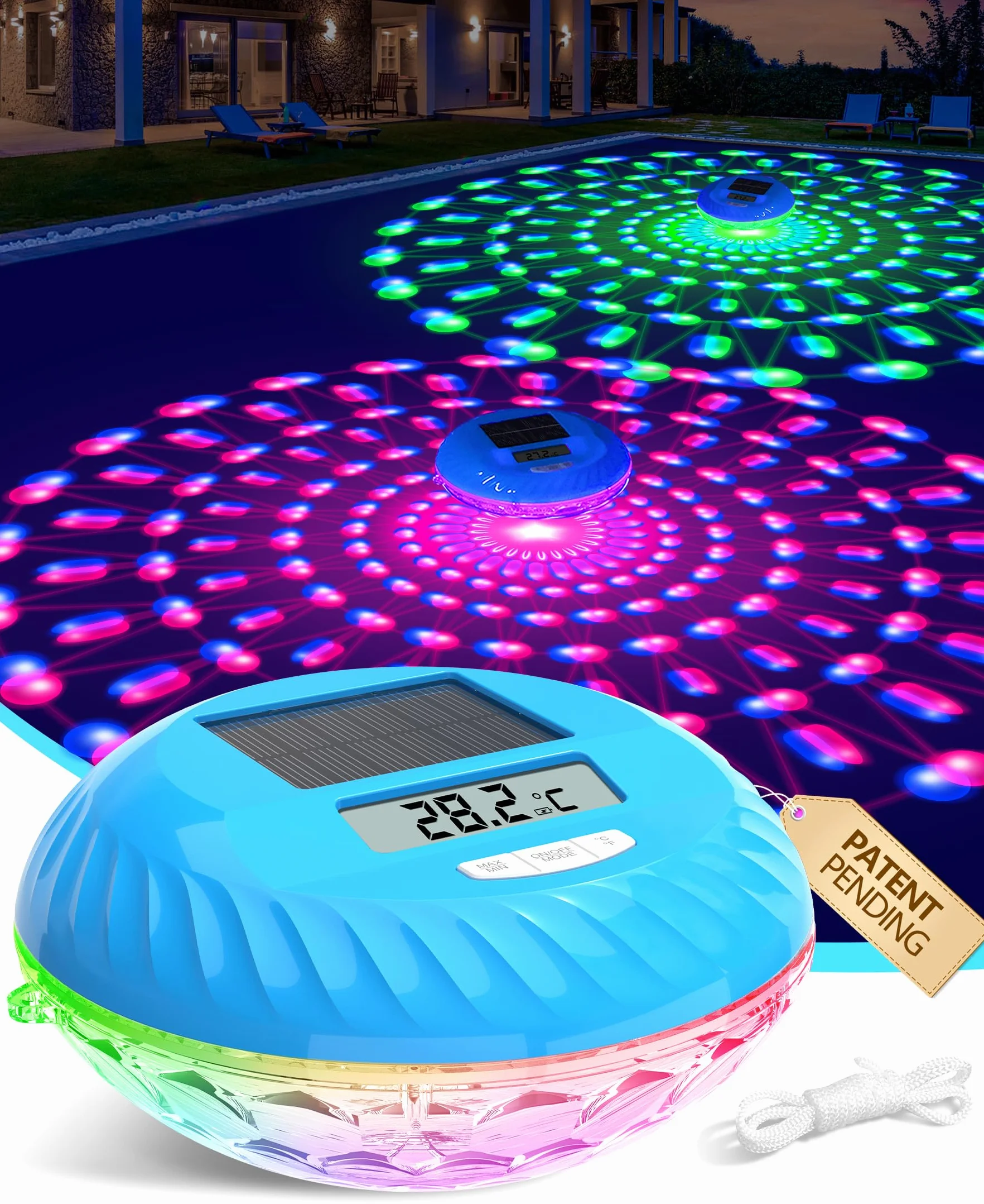 LuxBlue Termómetro Piscina Flotante con Luces LED Solar IP68 Impermeable Digital