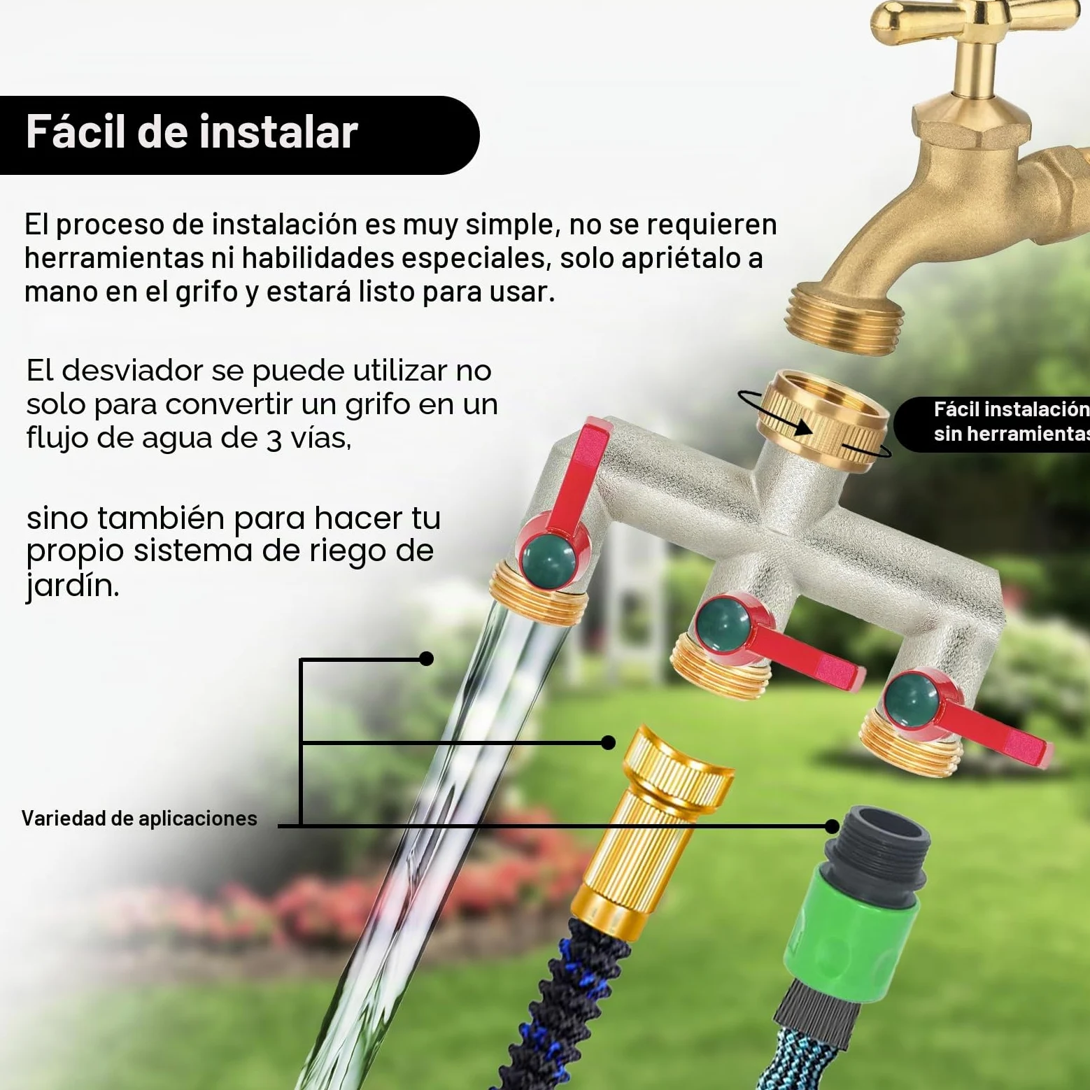 Divisor de Manguera de jardín de latón, Divisor de Grifo de 1/2 Pulgada y 3/4 Pulgada, Conector de Grifo de 3 vías con válvulas de Encendido/Apagado y Mango extendido, Adaptador de Grifo