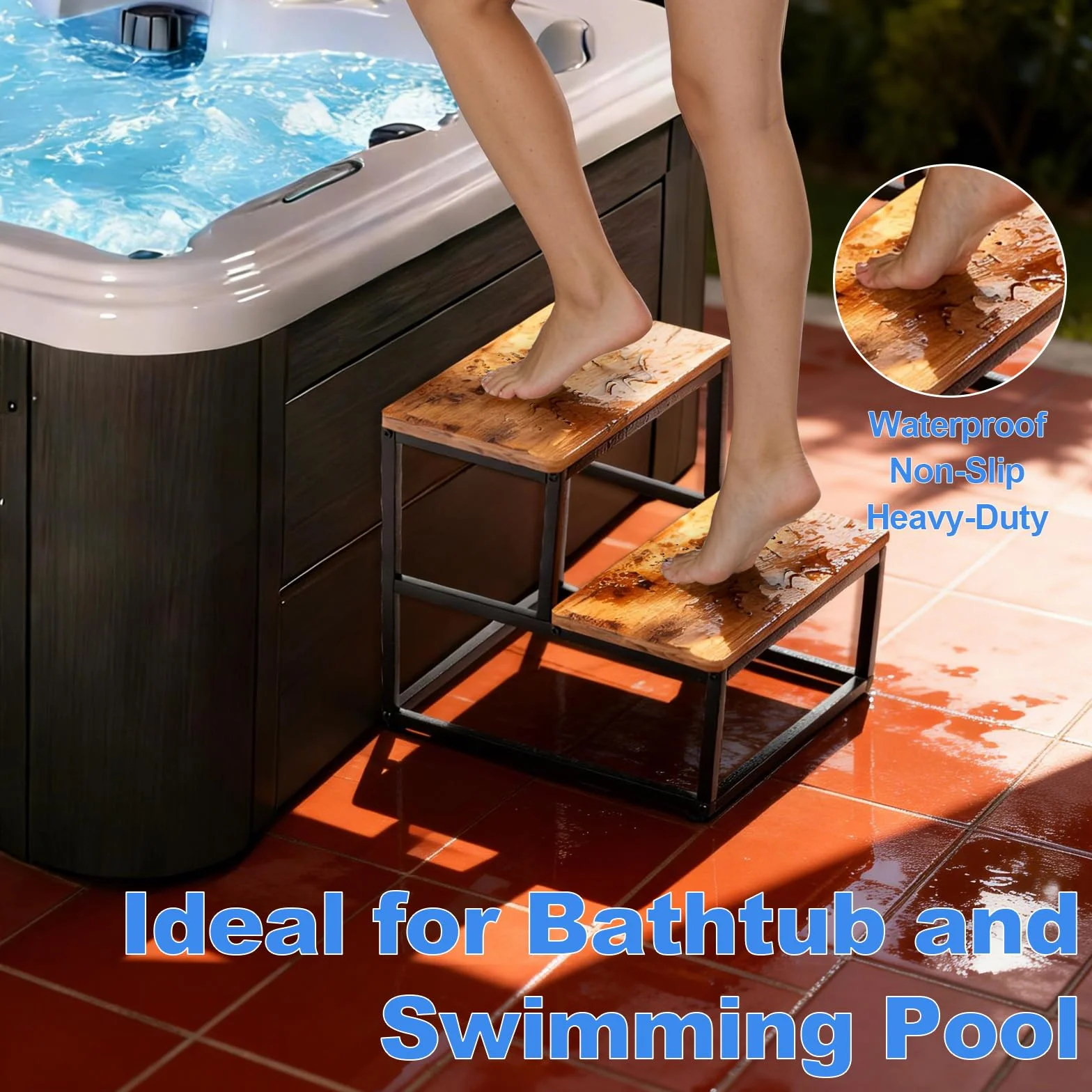 Escalones Antideslizantes de Madera para Jacuzzi SPA 2 Pasos 226kg