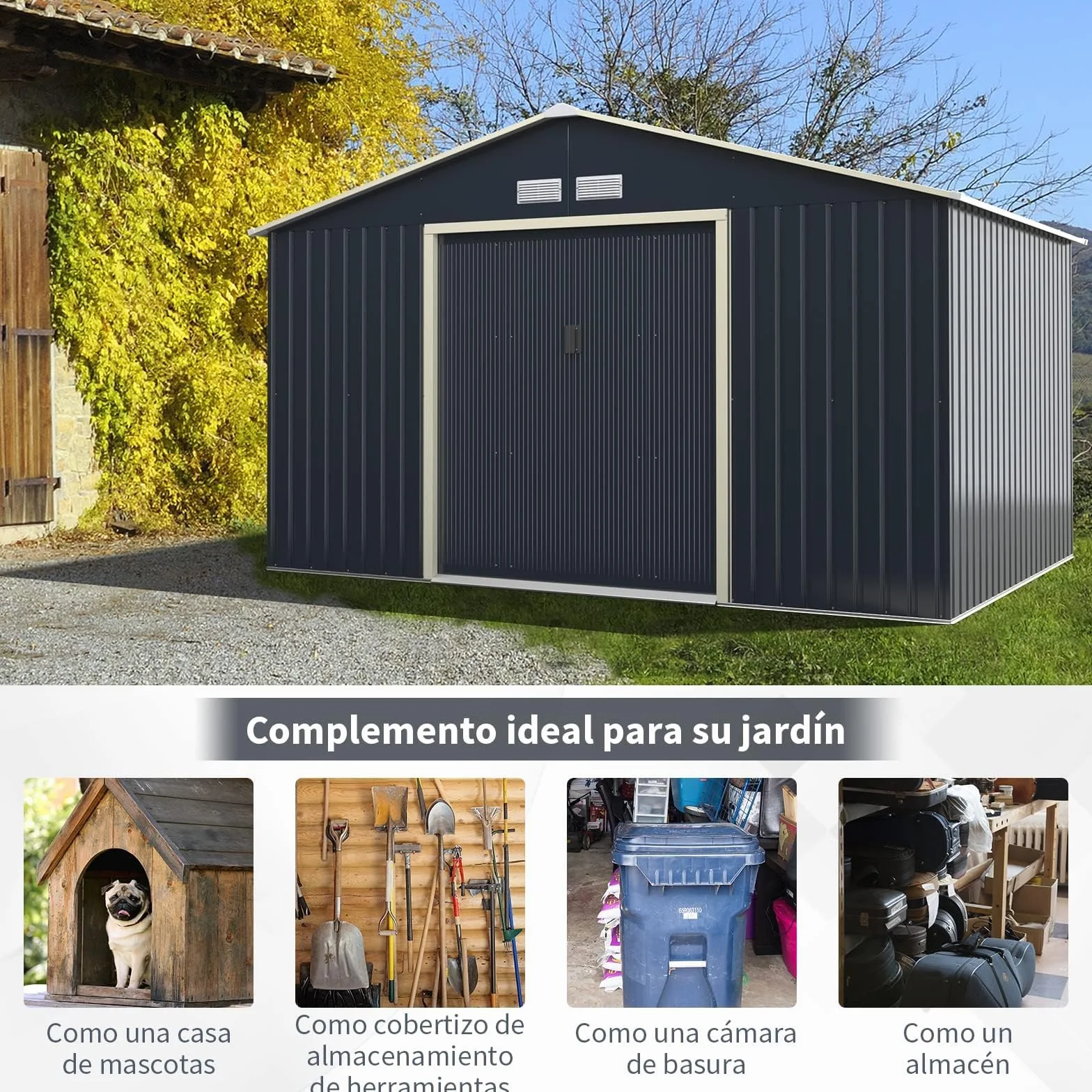 COSTWAY Cobertizo Jardin Exterior Acero Galvanizado 8.7m² 340x255x210cm 2 Puertas Correderas Antracita