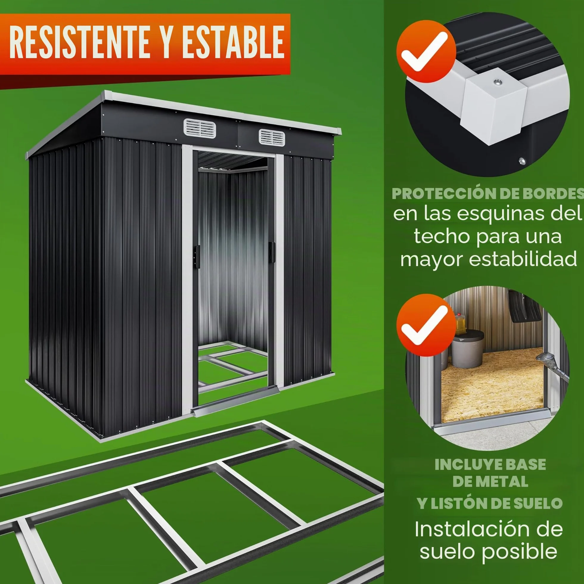 Cobertizo de Jardín Metálico 2m² 200x125x185cm Puerta Corrediza Antracita