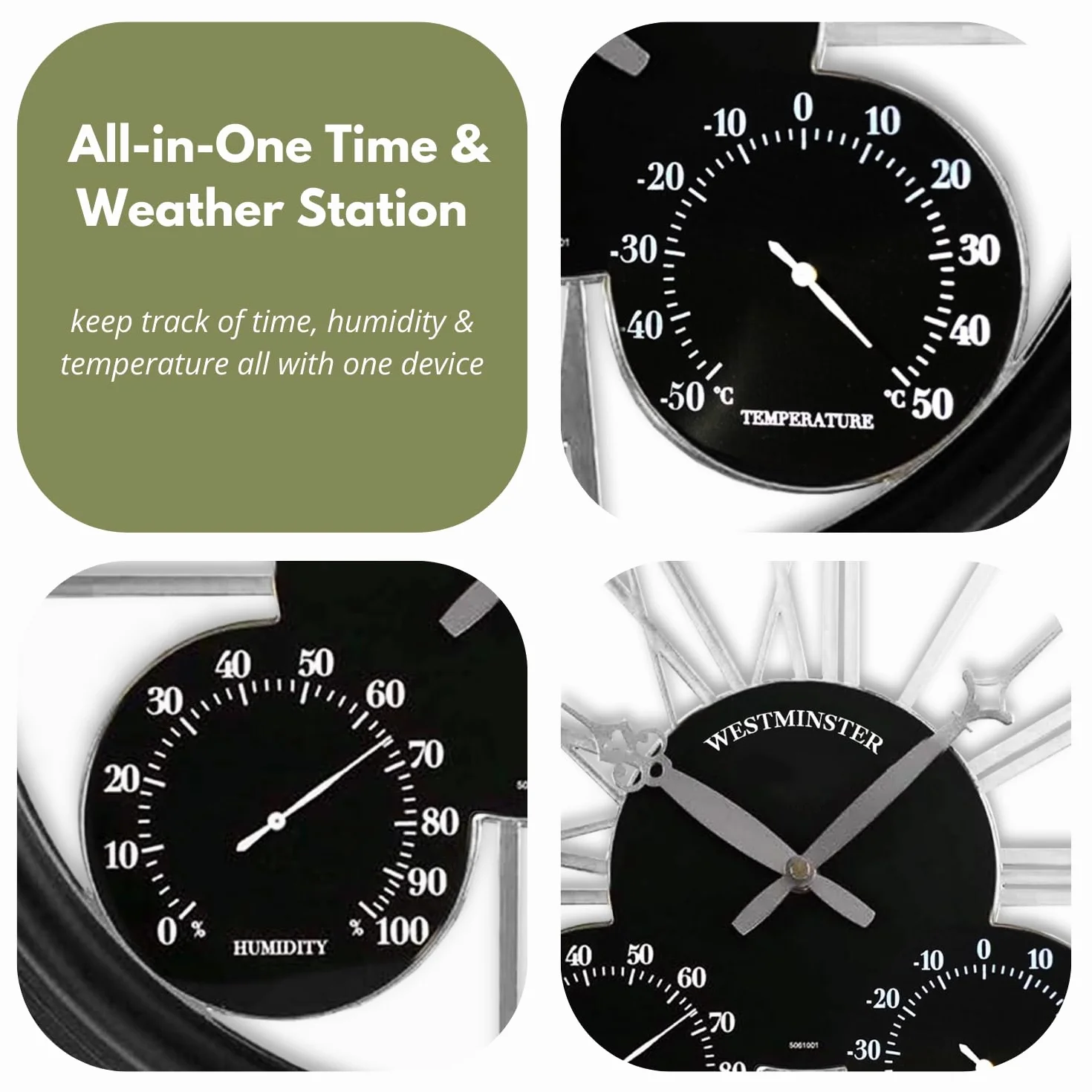 HomeZone Estación Meteorológica Reloj de Pared Exterior Termómetro Barómetro Higrómetro