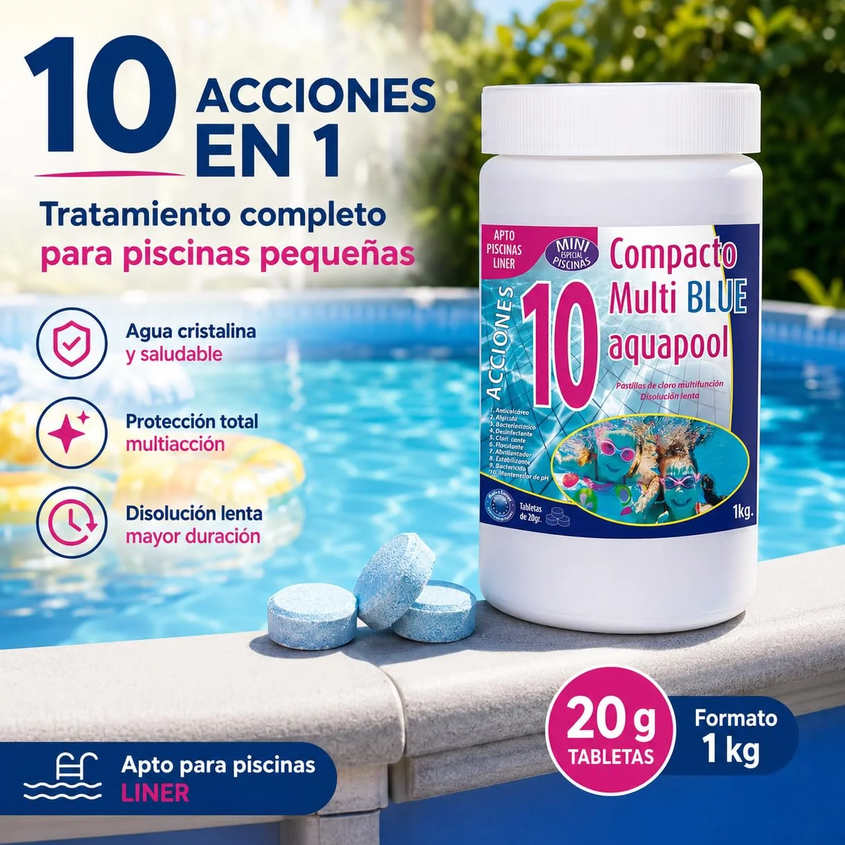 Cloro Mini Piscinas Aquapool Tabletas 1 kg Apto para POLIÉSTER Liner