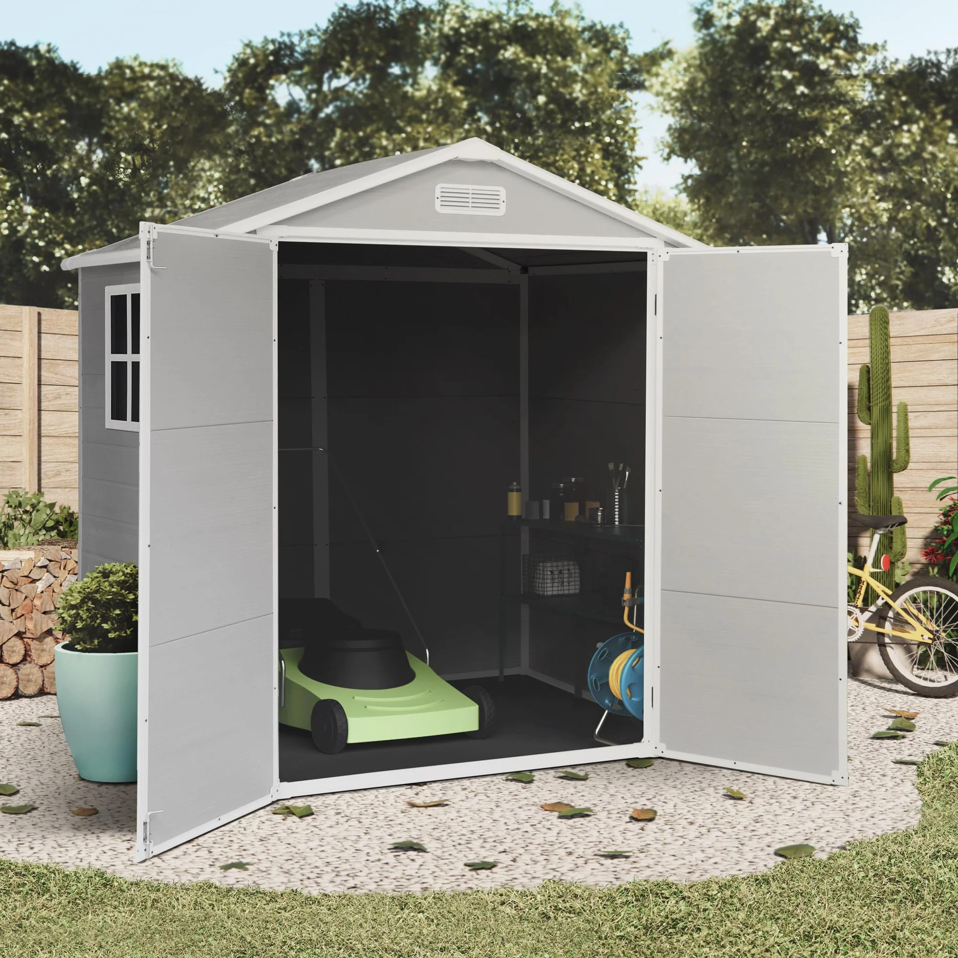 Caseta Jardín Resina Aqua 2.6 Ventana Luz Natural Suelo Incluido Paneles 12mm Gris Blanco Armario PVC Exterior 2,39m2 Techo Dos Aguas