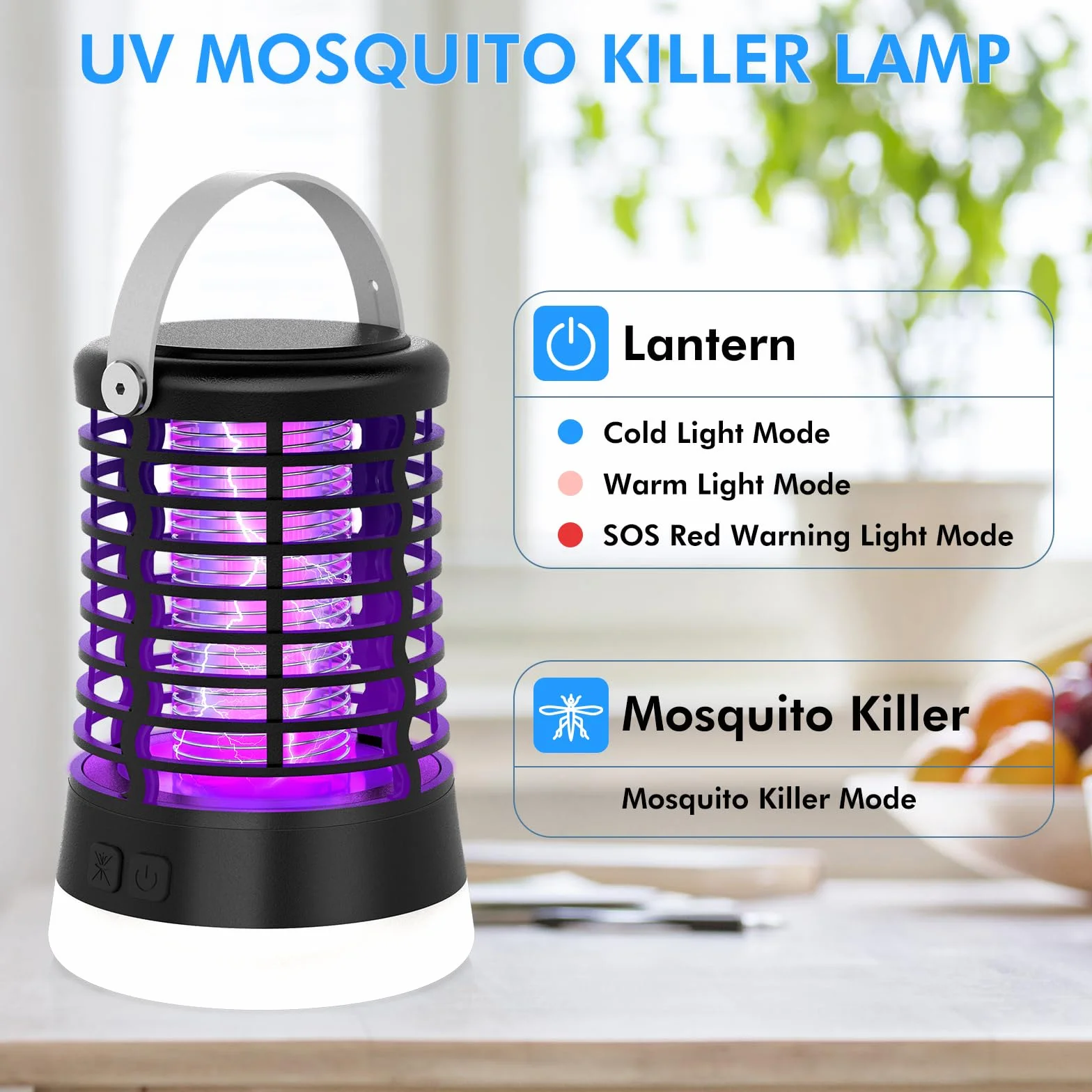 Lámpara Antimosquitos Exterior 2000V Mata Mosquitos Eléctrico IP66 Impermeable Recargable USB Tipo-C Batería 2200mAh LED 3 en 1 para Camping Jardín