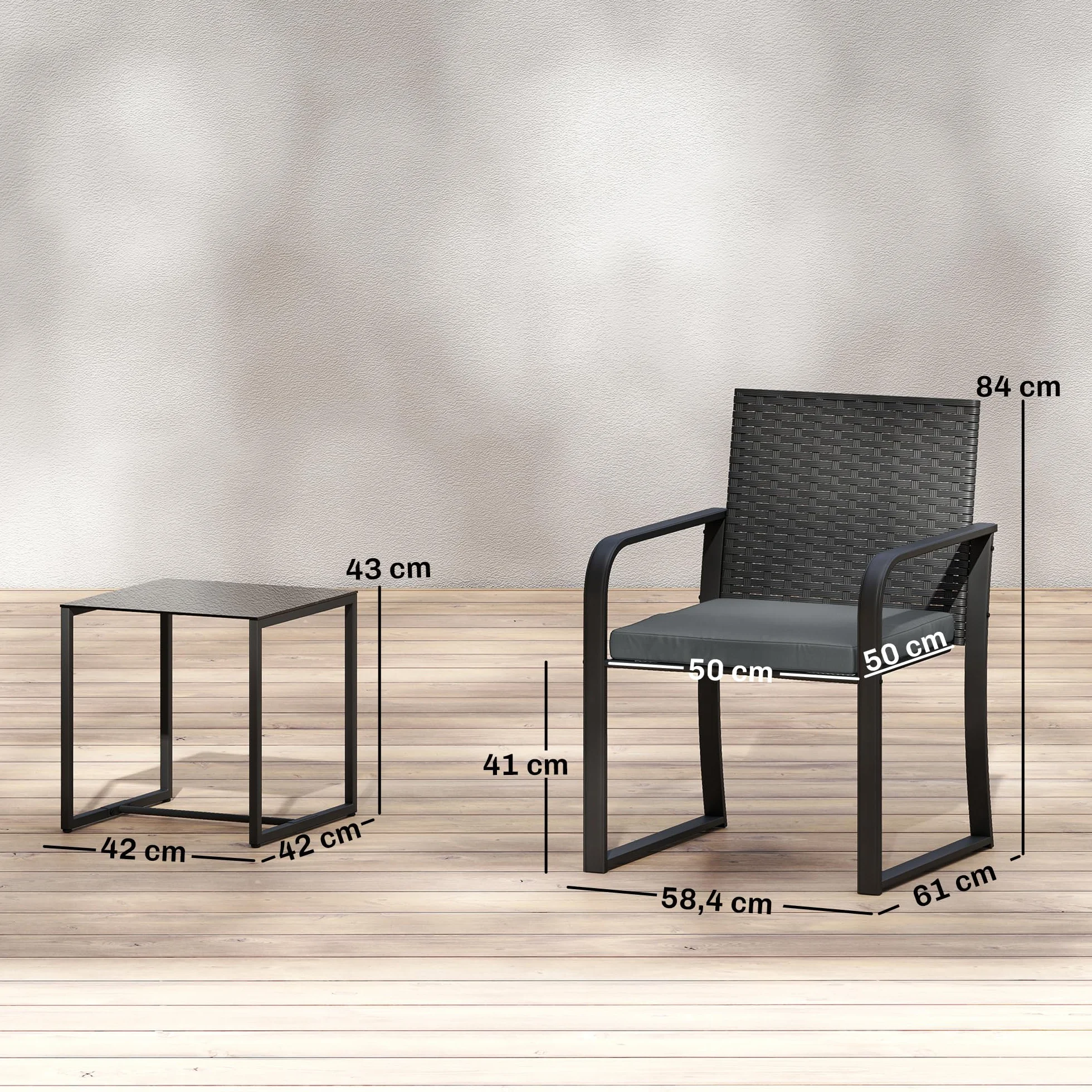 Outsunny Conjunto de Jardín Exterior de 3 Piezas, Muebles de Ratán con Sillas y Mesa de Vidrio Templado, Gris
