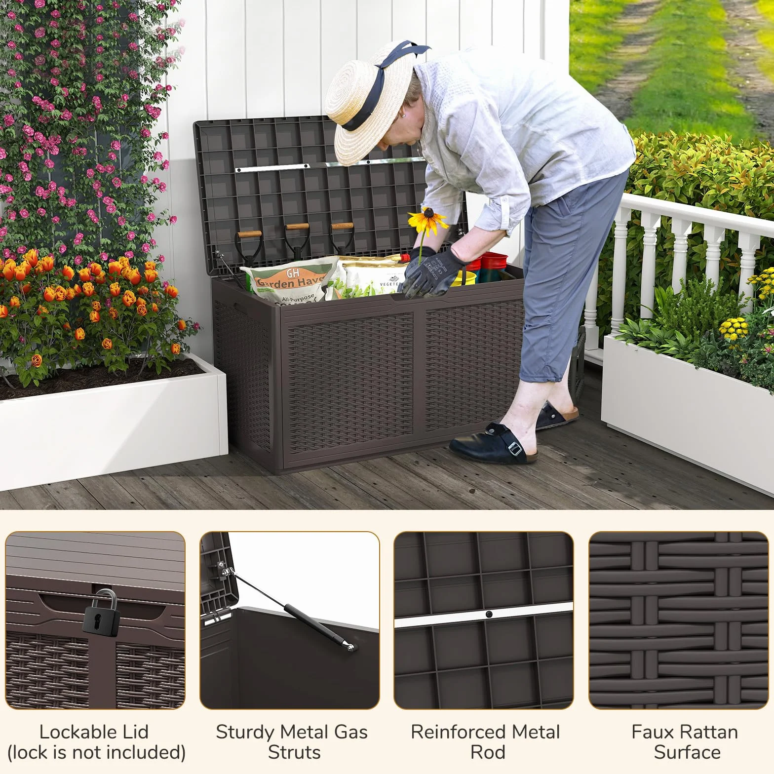 GOPLUS Baúl Almacenaje Exterior 380 L, Arcón Resina Impermeable con Cerradura, 111 x 56 x 61 cm Marrón