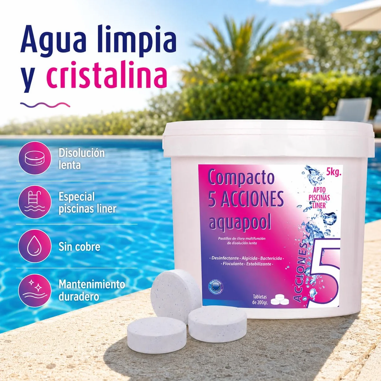 Compacto 5 ACCIONES AQUAPOOL Pastillas de Cloro multifunción 5 KG Disolución Lenta Piscinas Liner
