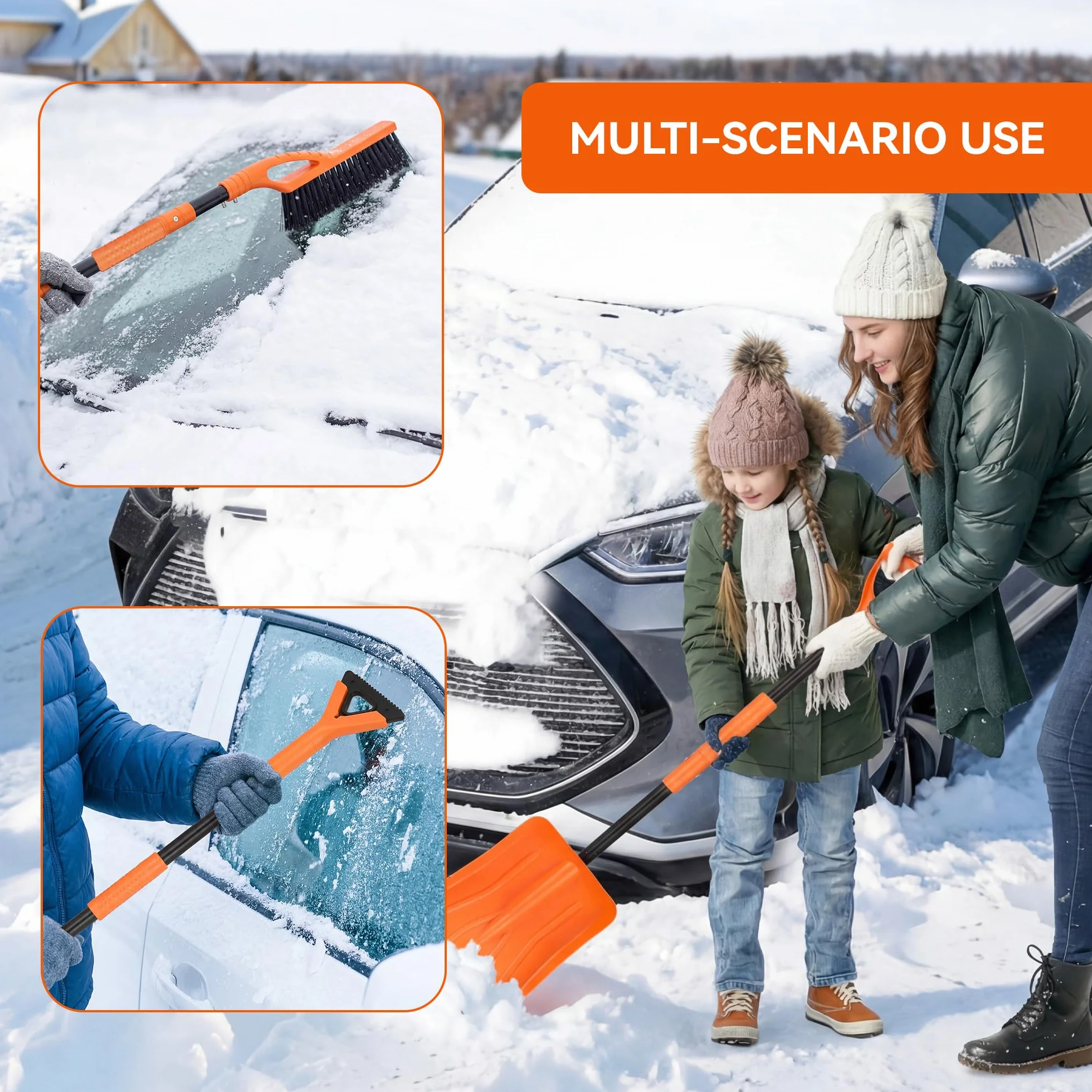 Kit de pala de nieve plegable 3 en 1 con cepillo y raspador de hielo, varilla telescópica de 127 cm