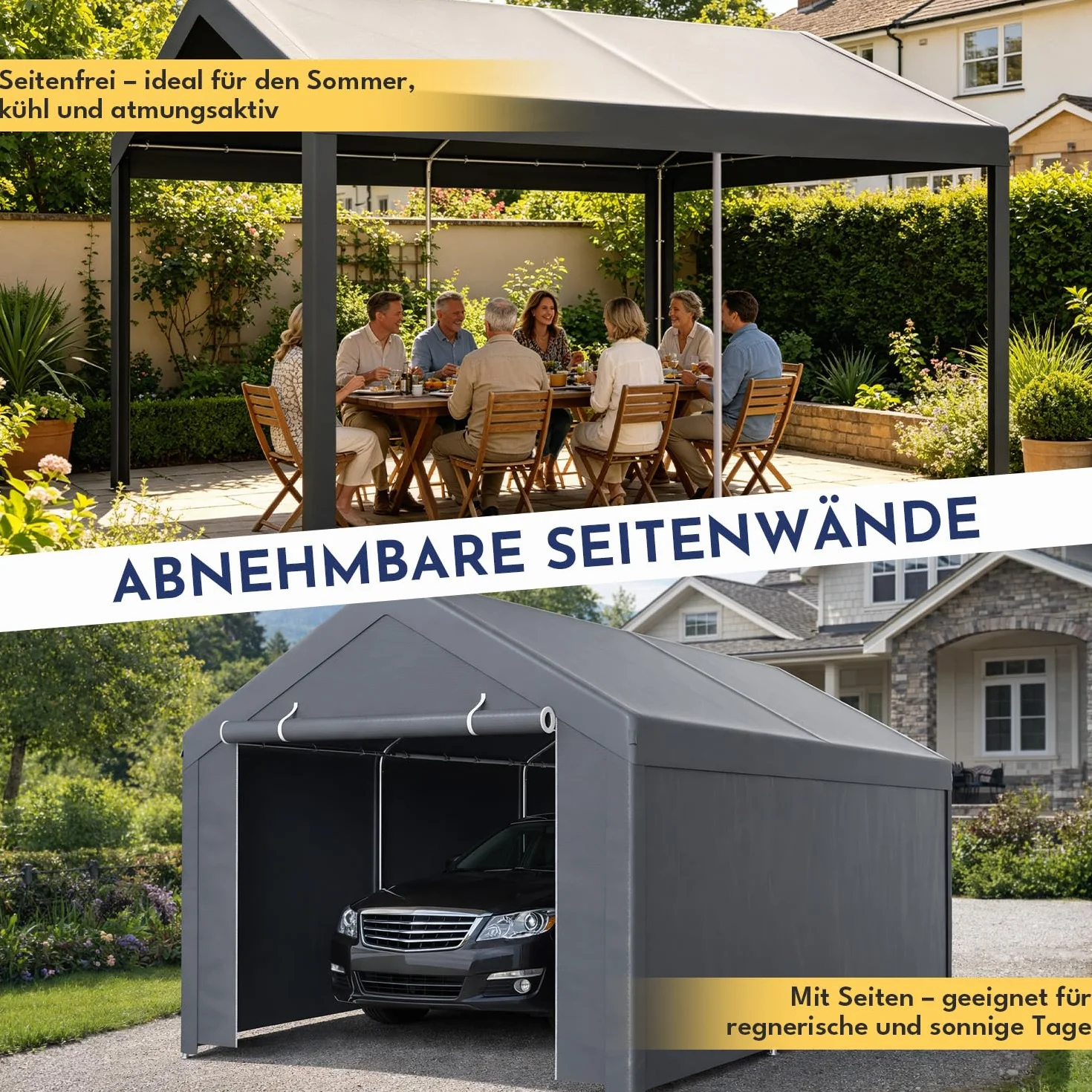 Carport 3x4 m impermeable con lona PE, 2 paredes laterales, protección UV para coche SUV barco