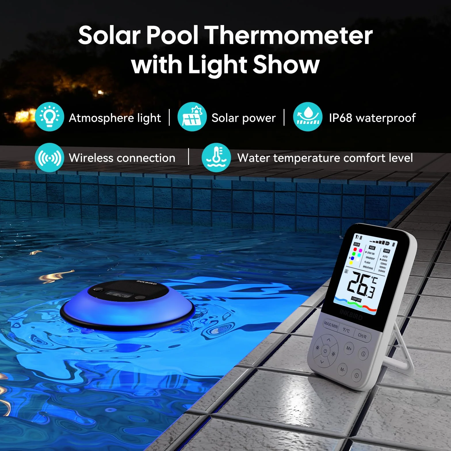 Inkbird IBS-P05R Termómetro Piscina Solar con 7 Luz Colorida, IP68, Sensor Automático, Mando a Distancia