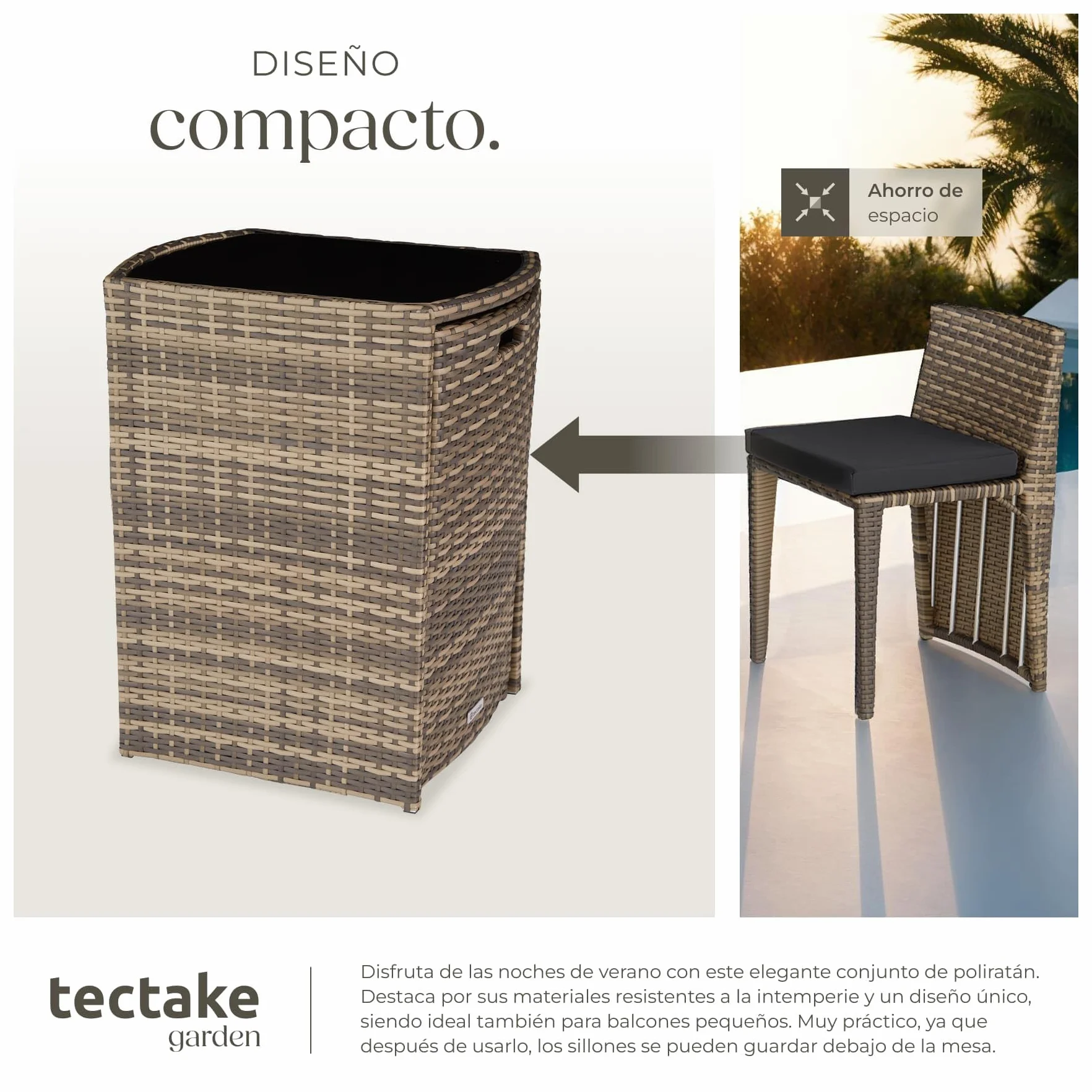 Tectake Conjunto Jardín Exterior Ratán Aluminio 2 Sillas Cojines Mesa Cristal Natural