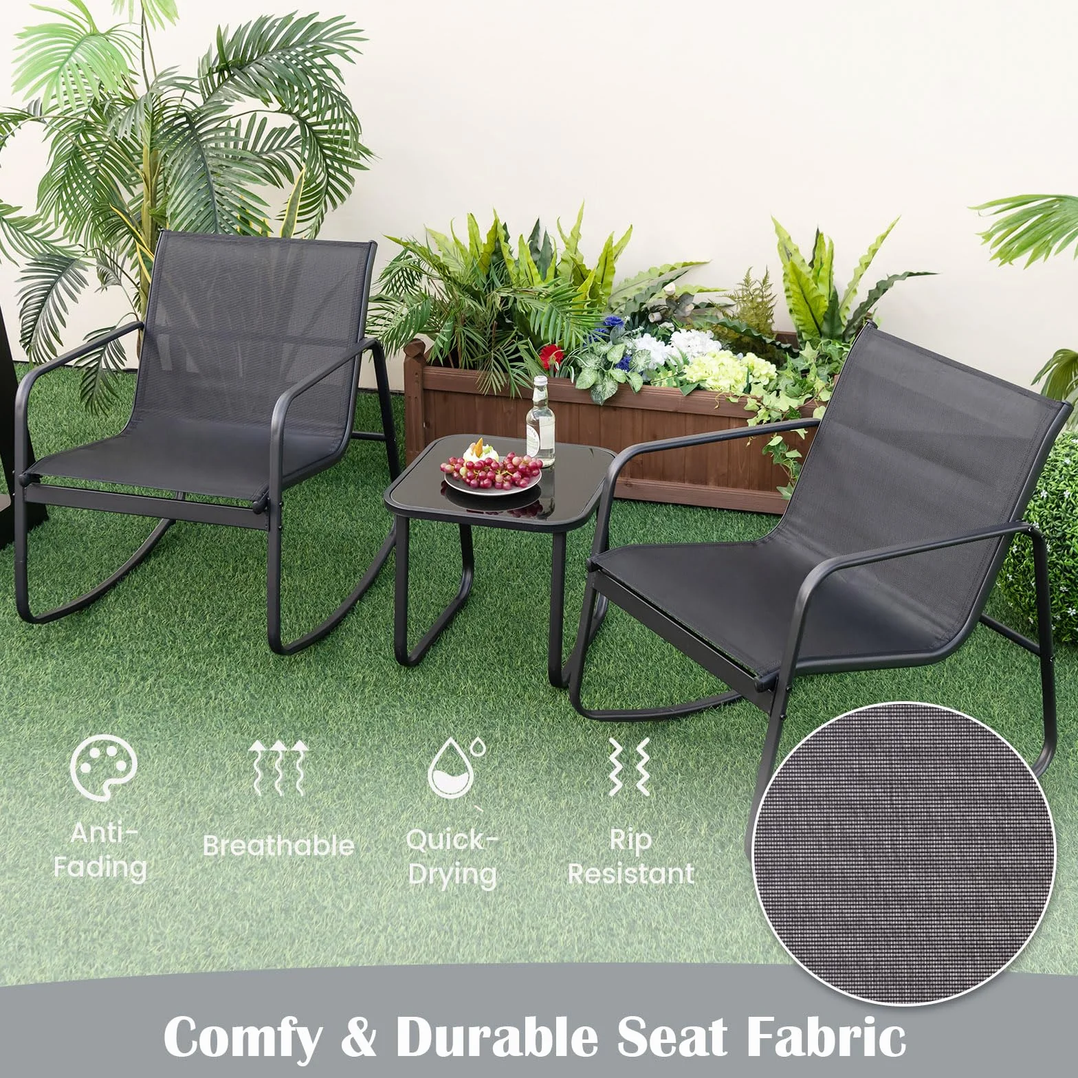 KOMFOTTEU Juego de Muebles de Jardín de 3 Piezas, Sillas Mecedoras de Textileno y Mesa de Cristal