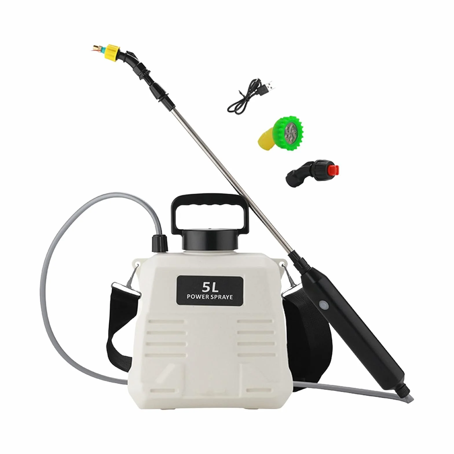 Pulverizador Eléctrico con 3 Boquillas de Niebla, Correa para El Hombro Y Varillas Telescópicas para Riego Exterior, 5L Blanco