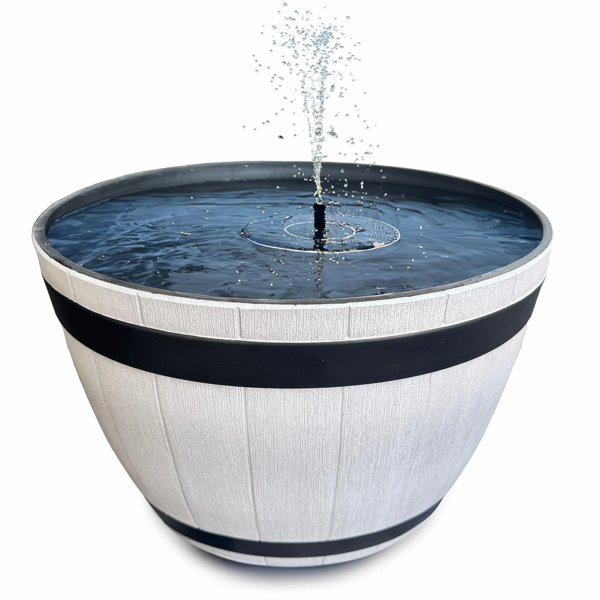 Juego de fuente solar para exteriores, 51 x 36 cm, aspecto de barril de madera, cuenco decorativo gris y flotante, fuente solar flotante, fuente de agua para exteriores, fuente de jardín, como balcón