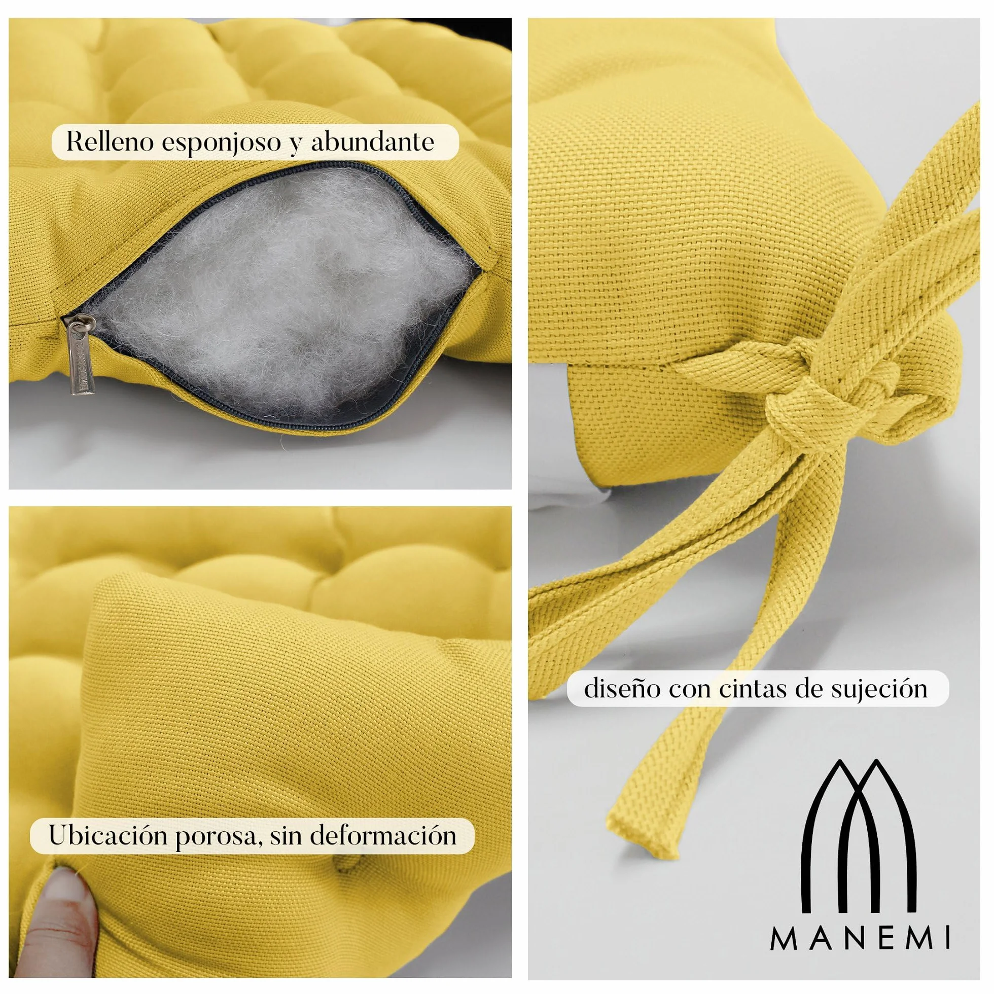 MANEMI Pack 4 Cojín para Silla 45x45x5 cm Repelente al Agua Fácil de Limpiar Cintas de sujeción Interior Exterior