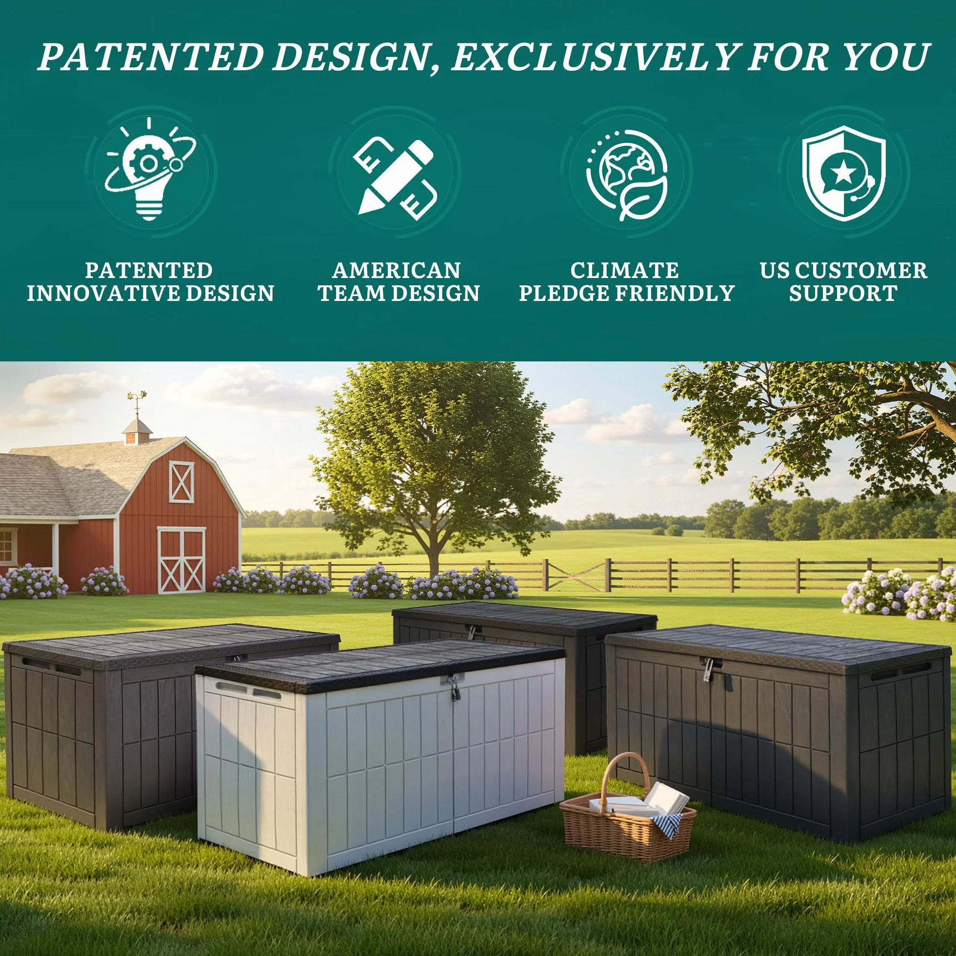 YITAHOME Caja de almacenamiento exterior 120 galones impermeable con cerradura banco mesa