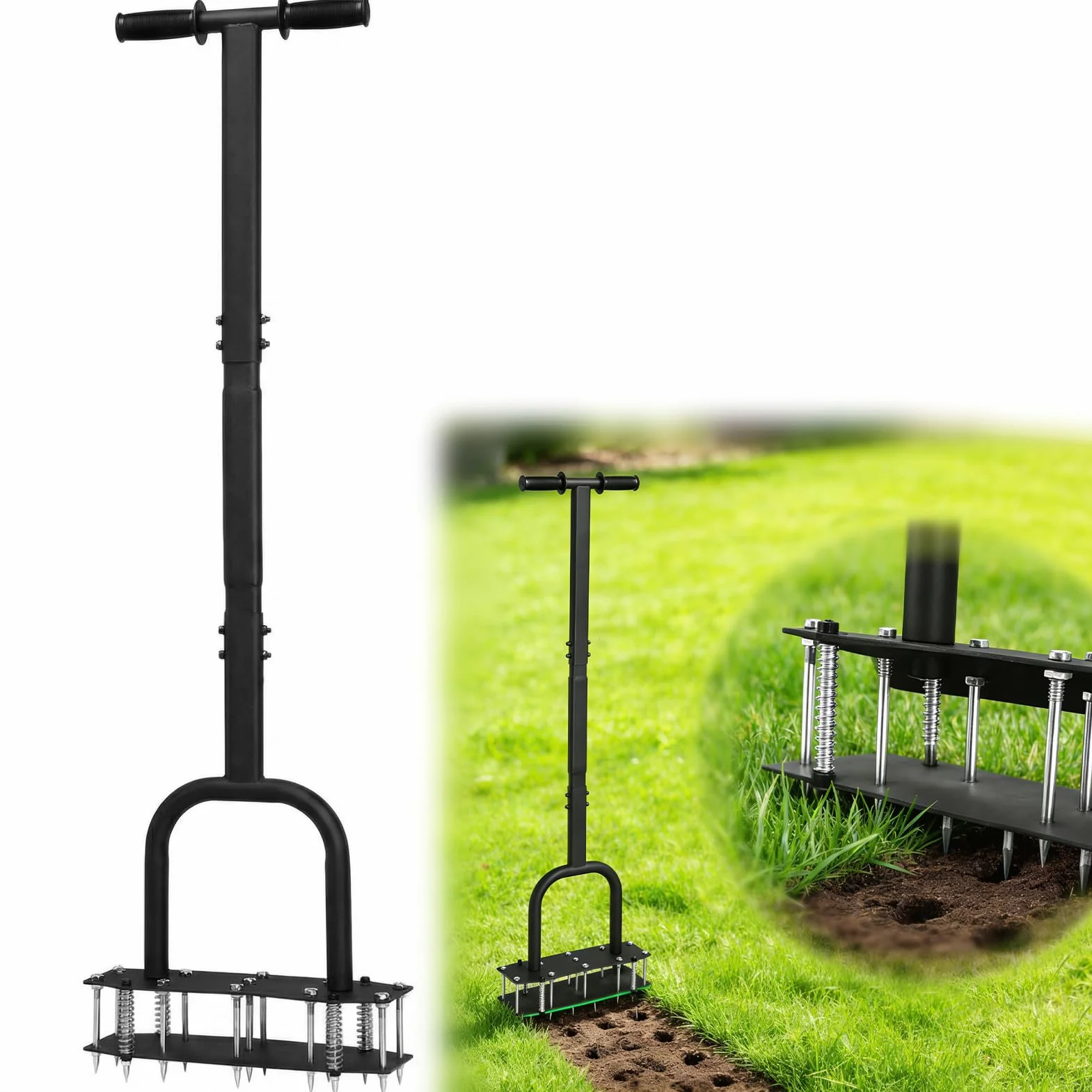 Aireador De Césped Manual,Aireador de Césped con 2 Filas Y 11 Púas De Acero,Escarificador Cesped Manual Ajustable en Altura para Cuidado del césped Patio Jardín