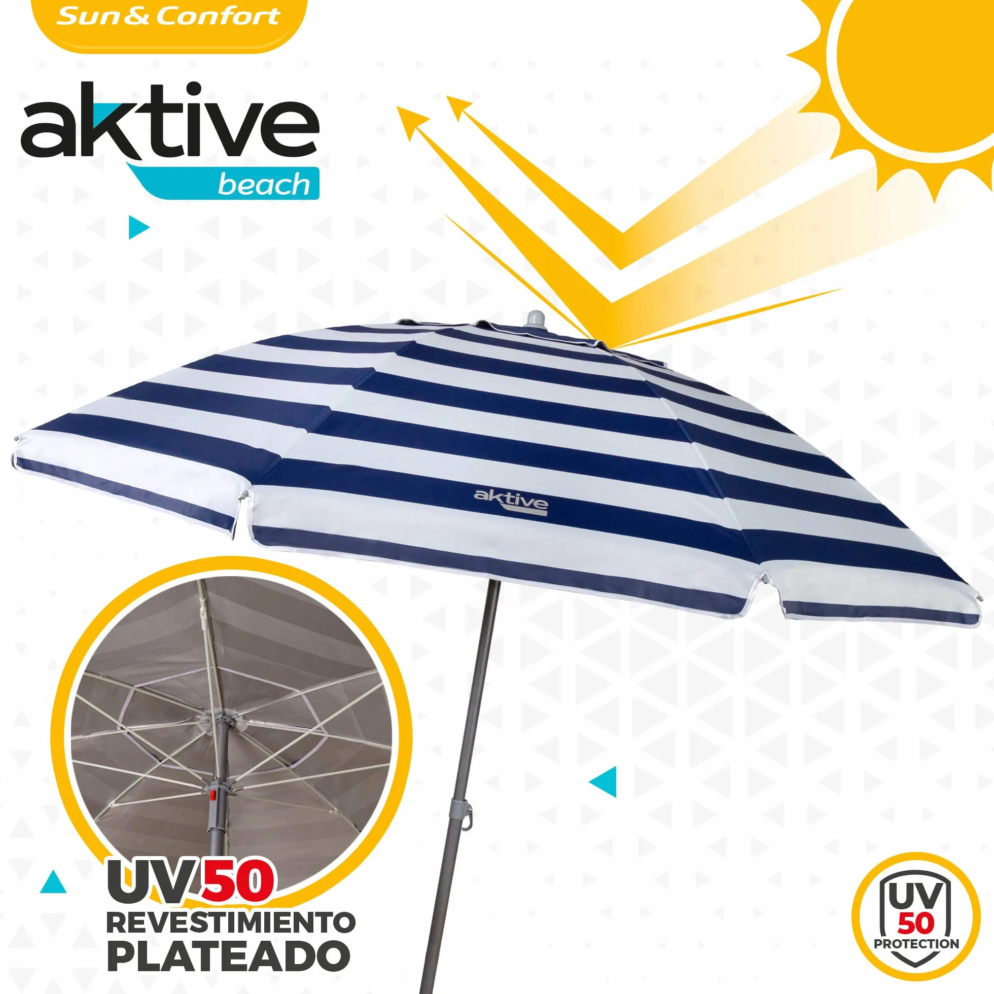 AKTIVE Sombrilla Playa Grande 220 cm, UV50, Inclinable, Regulable Altura, Mástil Acero, Tejido Oxford, 8 Varillas, Funda Transporte