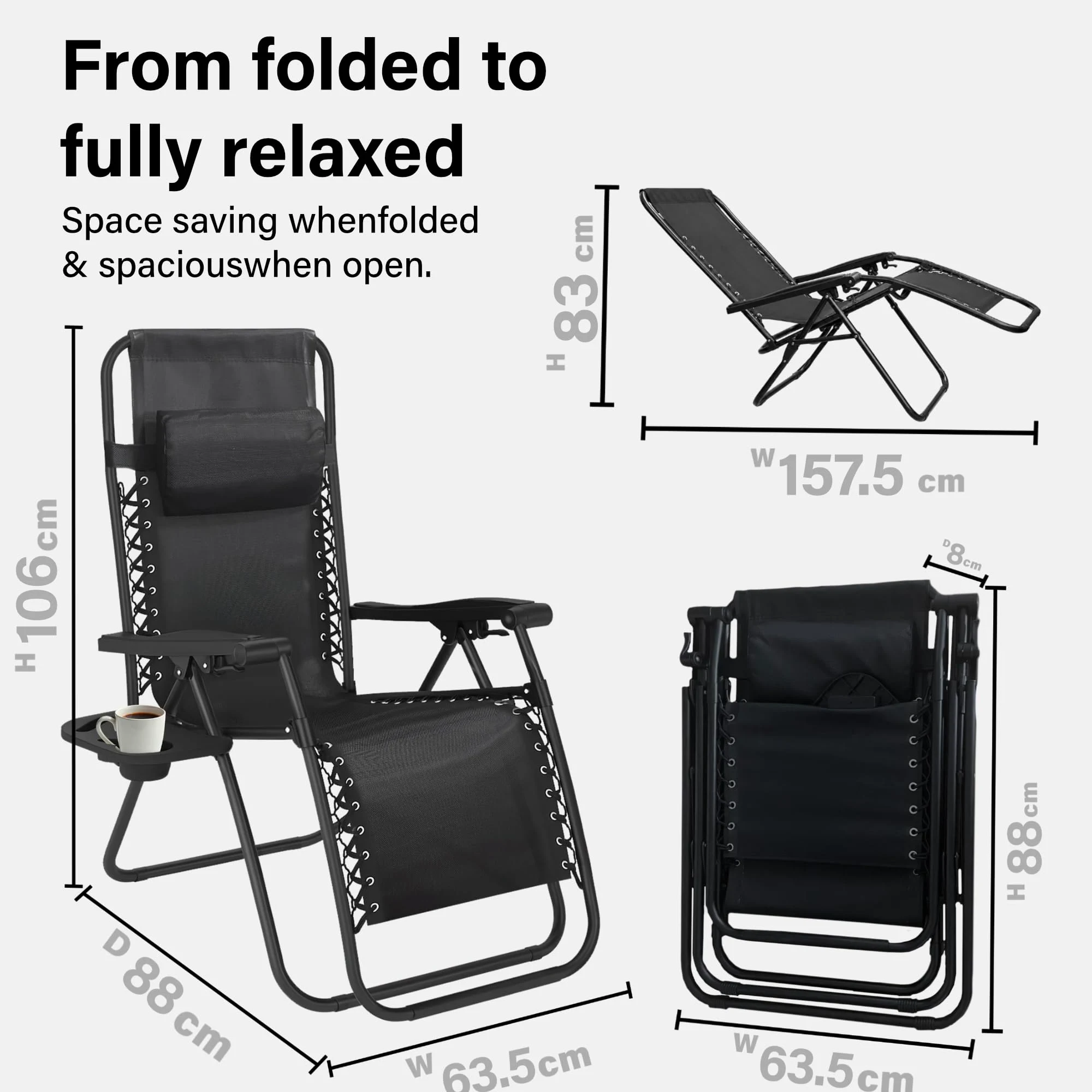 Juego de 2 sillas Plegables reclinables Ajustables de Gravedad Cero, sillas de jardín, Silla de Playa con reposacabezas para Sol y portavasos, tumbonas con Marcos de Acero con Recubrimiento en Polvo