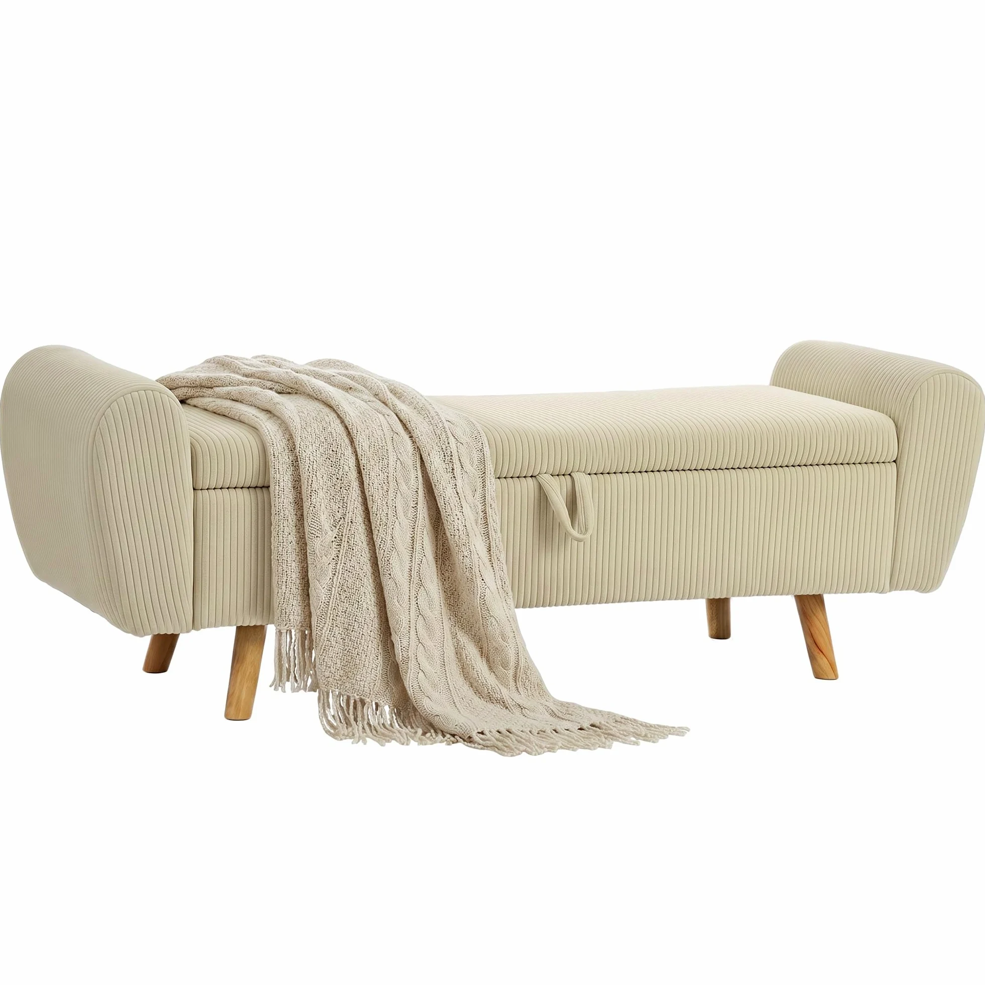 HOMCOM Banco Almacenaje 150 cm Puff Almacenaje Tapizado en Pana Beige | Banco Pie de Cama, Brazos Redondeados, Patas de Madera, Otomana para Dormitorio, Salón, Recibidor