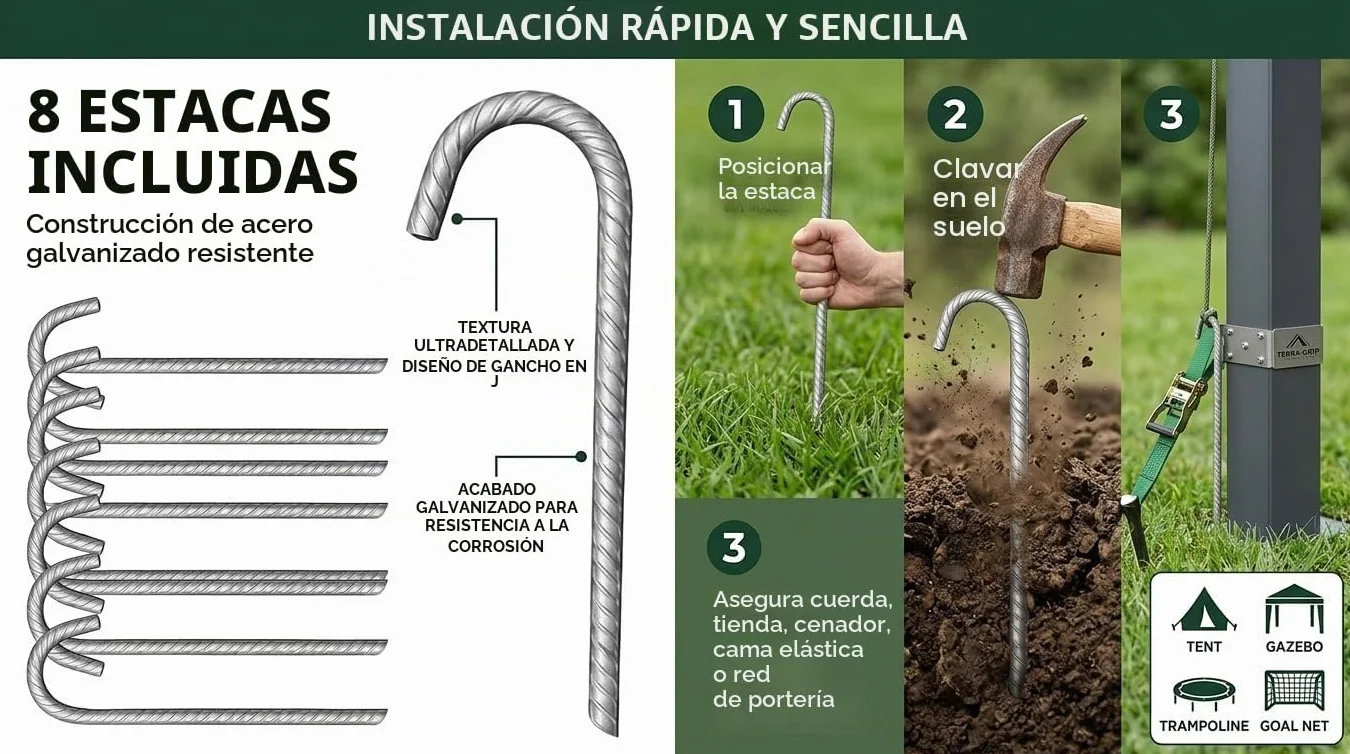 Smith & Barker Pack de 8 Piquetas de Acero Galvanizado 8 mm – Estacas Reforzadas para Exterior
