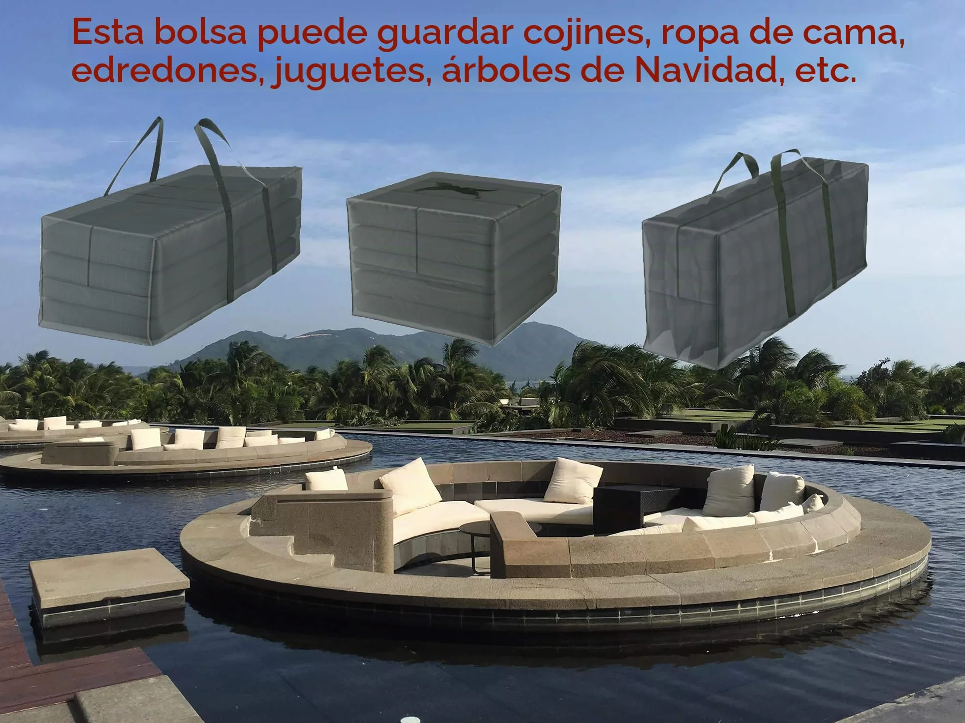 Bolsa Almacenamiento Cojines Muebles Jardín Impermeable Anti-UV Tela Oxford 600D 175x80x65cm Navidad Asa Cremallera