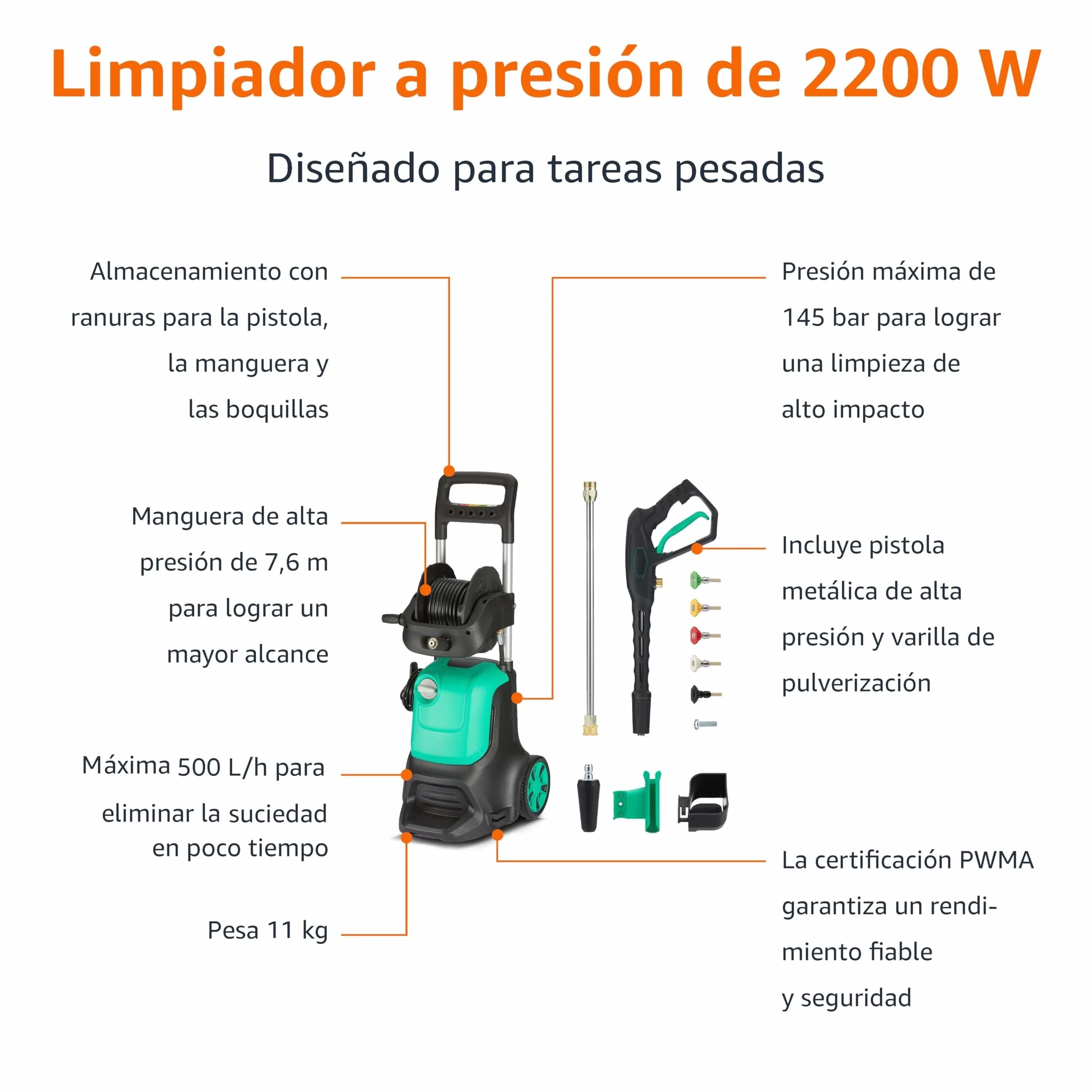 Amazon Basics Lavadora a Presión 2200 W 145 bar 500 l/h Verde