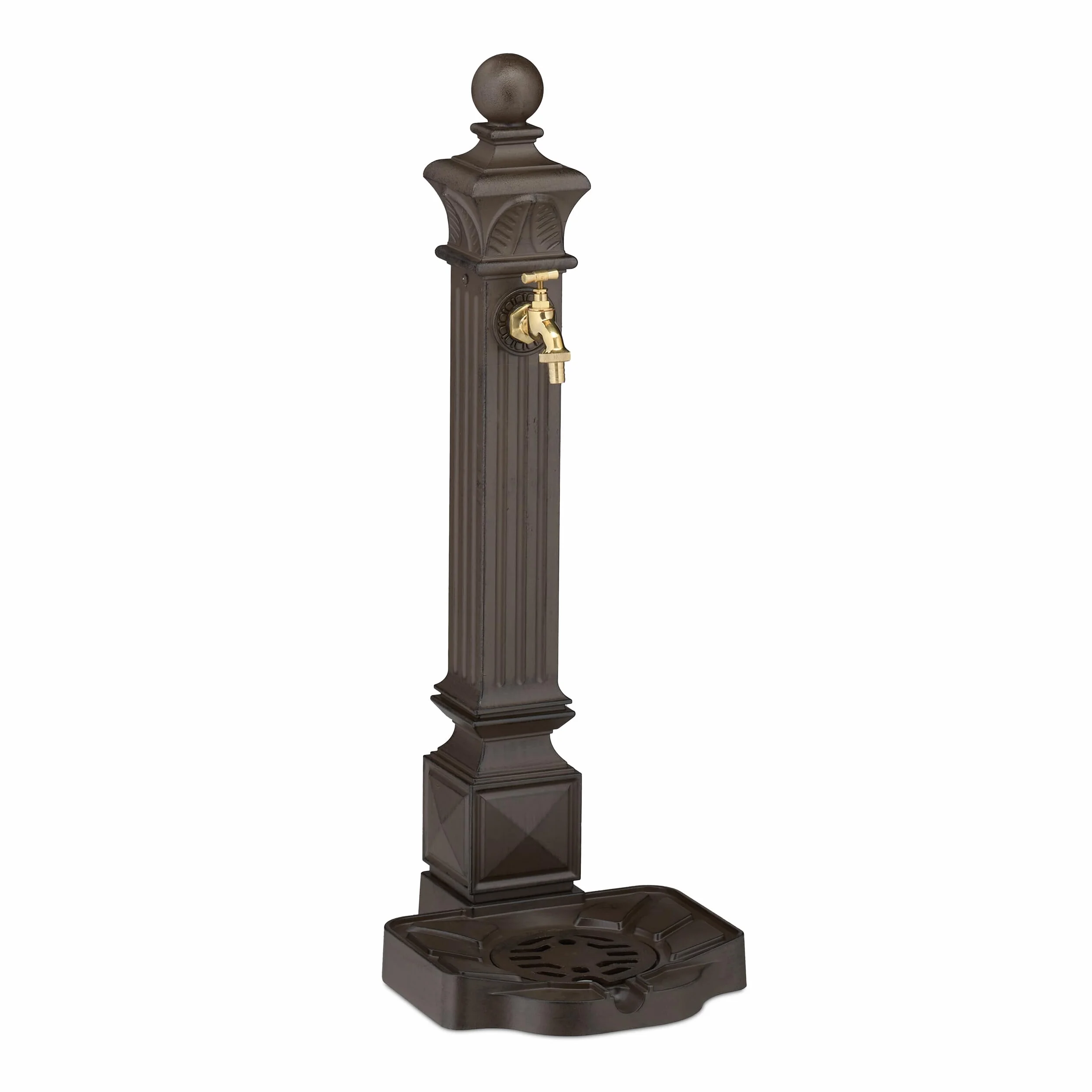 Relaxdays Fuente de Pie Antigua, con Grifo y Pila, 82 x 29 x 33 cm, Bebedero Metálico de Jardín, Terraza, Marrón
