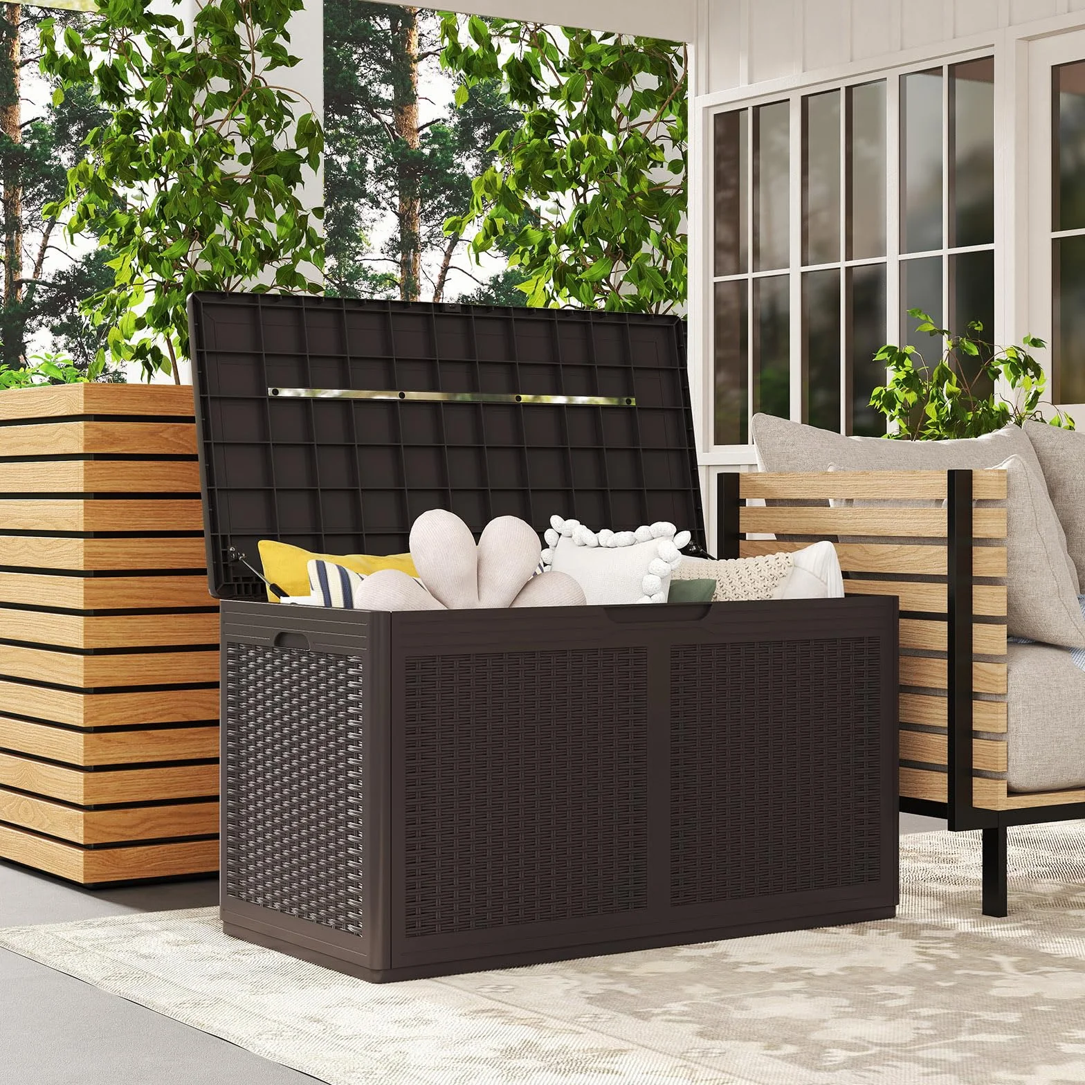 GOPLUS Baúl Almacenaje Exterior 380 L, Arcón Resina Impermeable con Cerradura, 111 x 56 x 61 cm Marrón