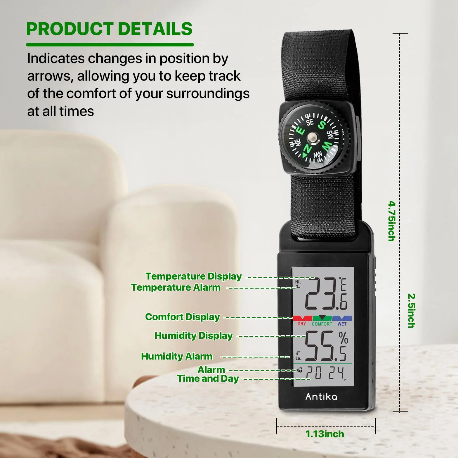 Termómetro Higrómetro Digital Antika con Brújula, Monitor de Temperatura y Humedad (Negro)