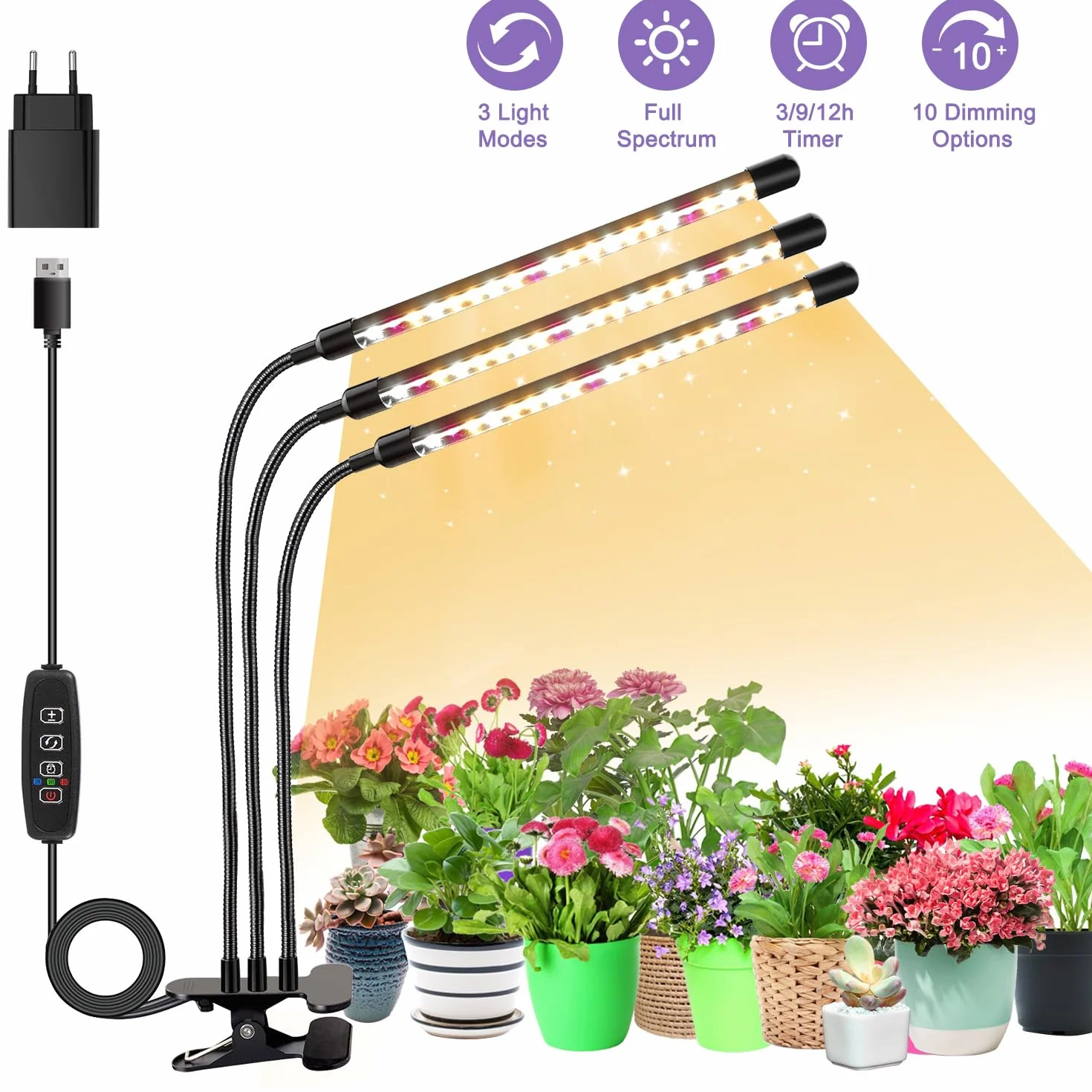 Niello Lámpara para plantas de crecimiento 3 cabezales espectro completo temporizador 3/9/12h