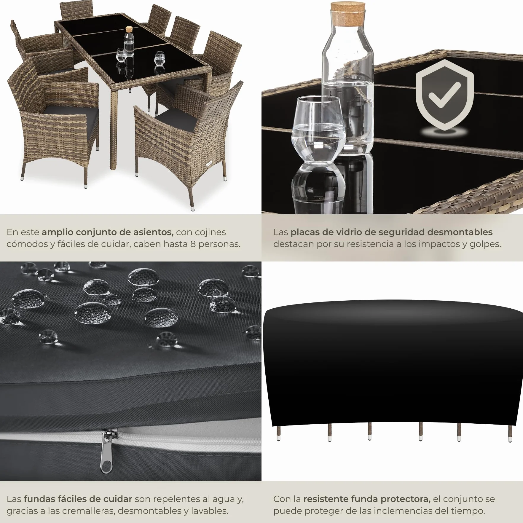 tectake® Conjunto Jardín Exterior de Ratán y Acero con Cojines, Muebles Jardín Exterior Resistentes a Intemperie, para hasta 8 Personas, Fácil Limpieza - Natural/Gris