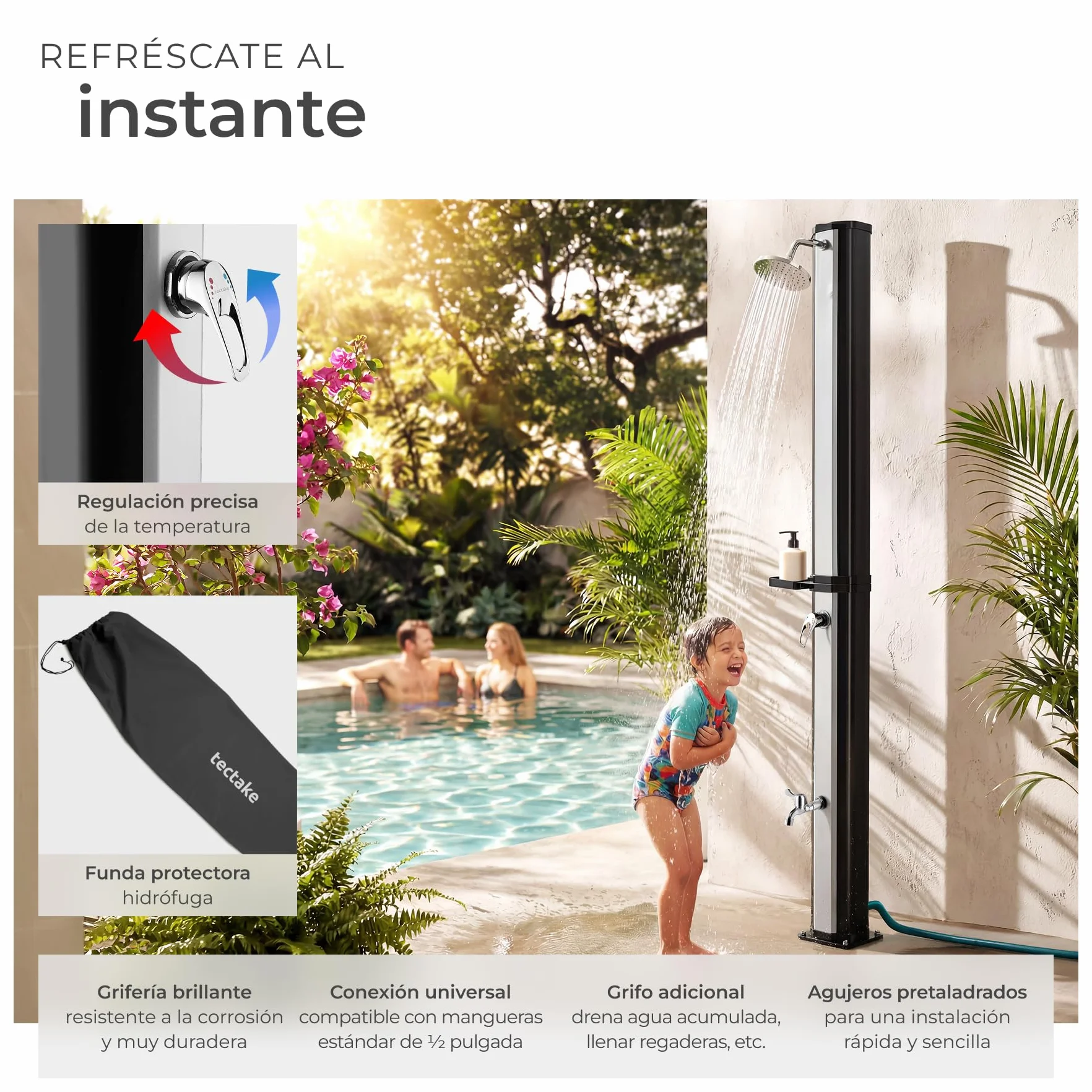 Tectake Ducha Solar Exterior 35L Negro/Plata Resistente Intemperie Alcachofa 360°