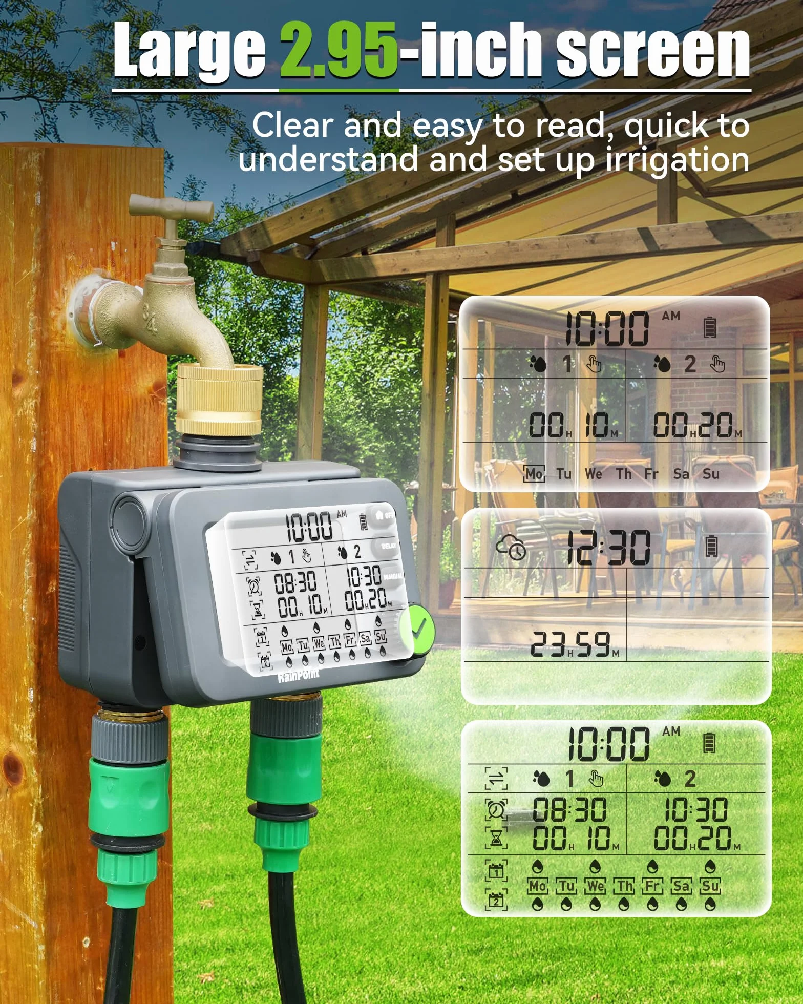 RAINPOINT Programador Riego 2 Salidas, Temporizador Automatico con Retardo de Lluvia, Pantalla LCD