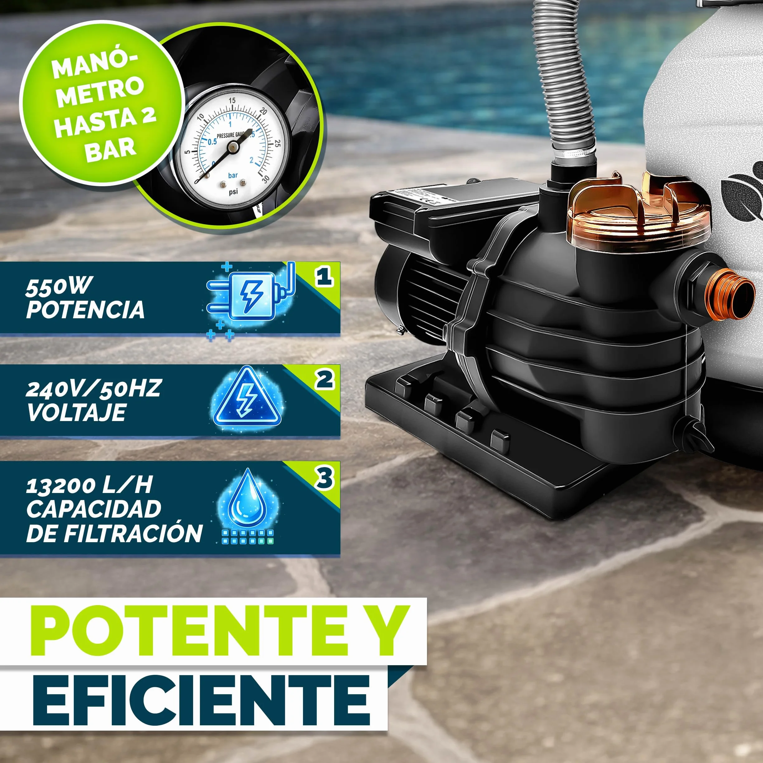 Tillvex Depuradora de Agua para Piscina 13.200L/h 40.000L Bomba de Filtro de Arena 7 Funciones Válvula