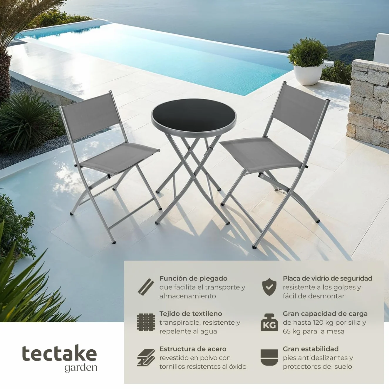 tectake Conjunto Muebles Jardín Exterior 3 Piezas Estructura Acero Gris