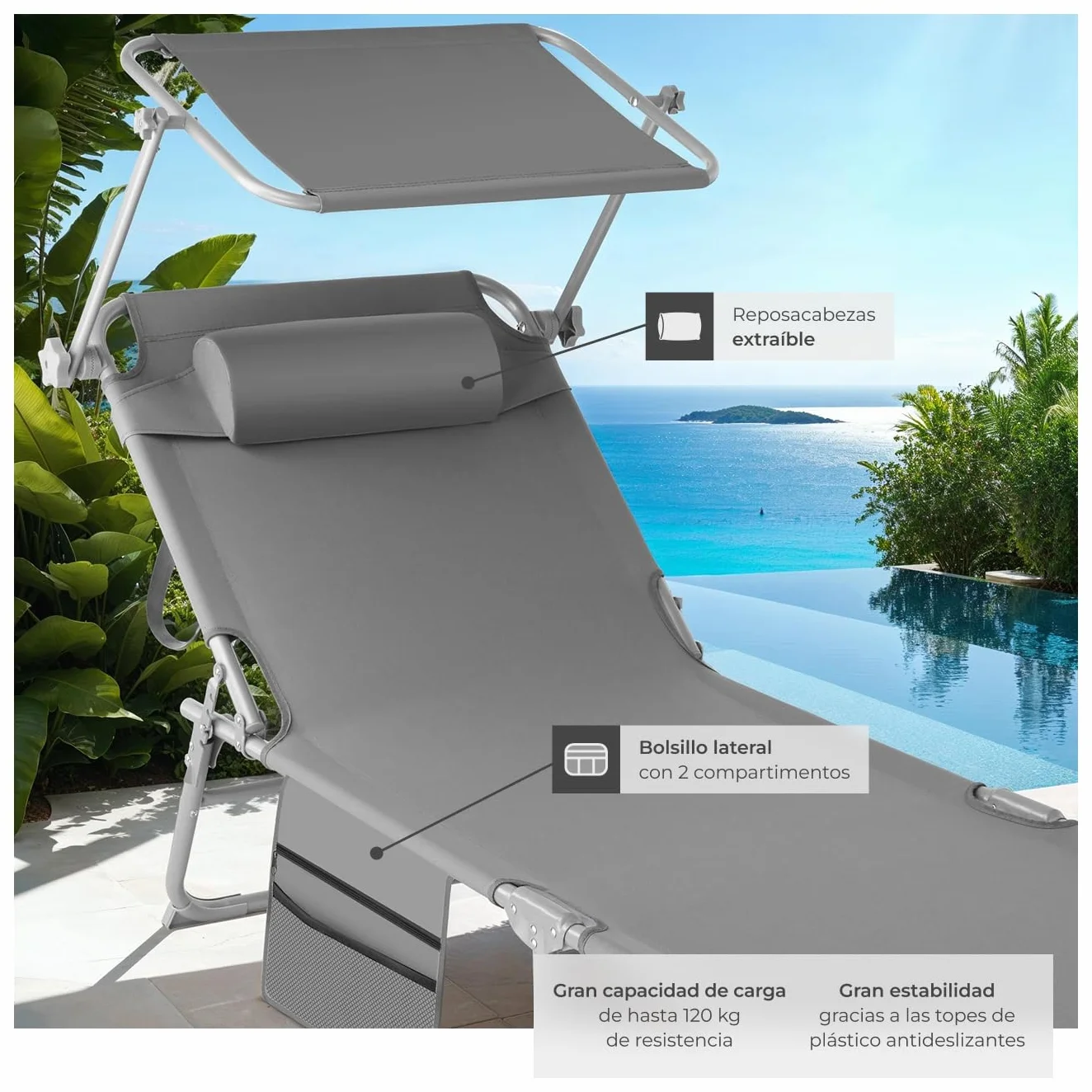 Tectake Tumbona Jardín Exterior Acero Plegable Reposacabezas Parasol Bolsillo Lateral Reclinable 6 Posiciones Resistente Intemperie Gris