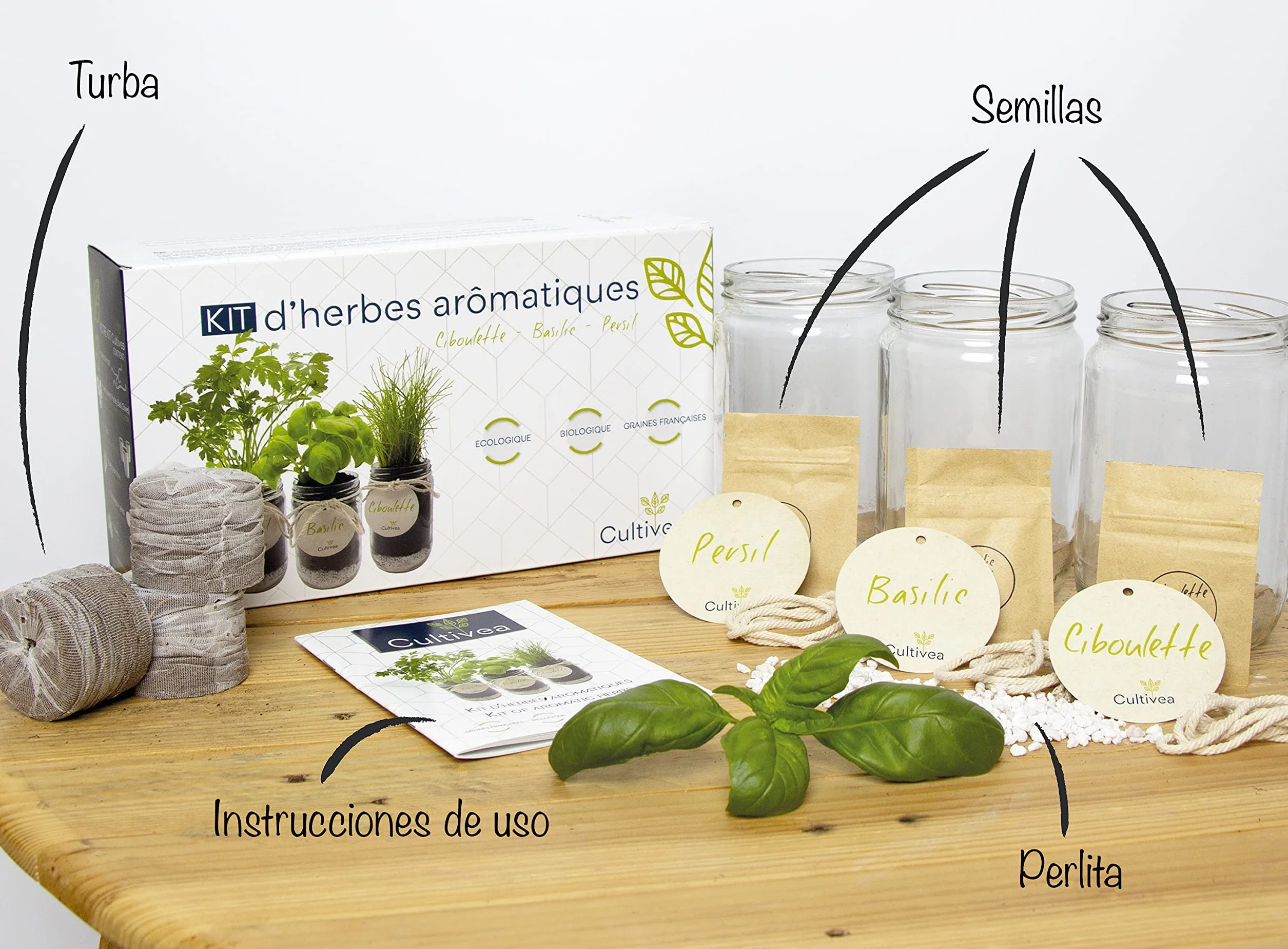 Cultivea® Kit cultivo hierbas aromáticas BIO Albahaca Perejil Cebollino Huerto urbano interior tarros cristal tierra