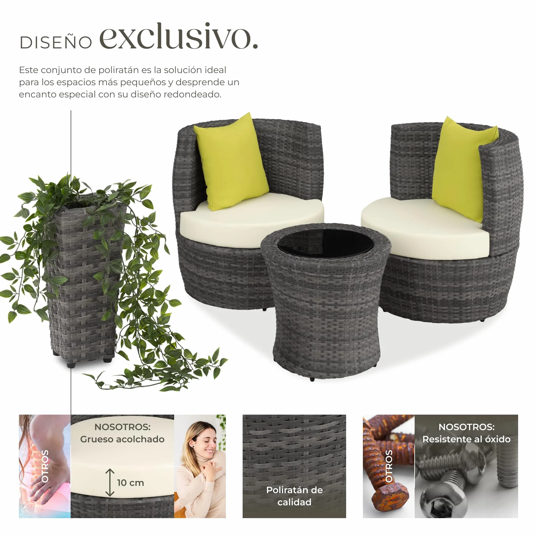 tectake® Conjunto Jardín Exterior de Ratán y Aluminio, Muebles Jardín Exterior Resistente a la Intemperie, 2 Sillas con Cojines, Mesa Cristal, Compacto, Asas en Respaldo Compacto - Gris