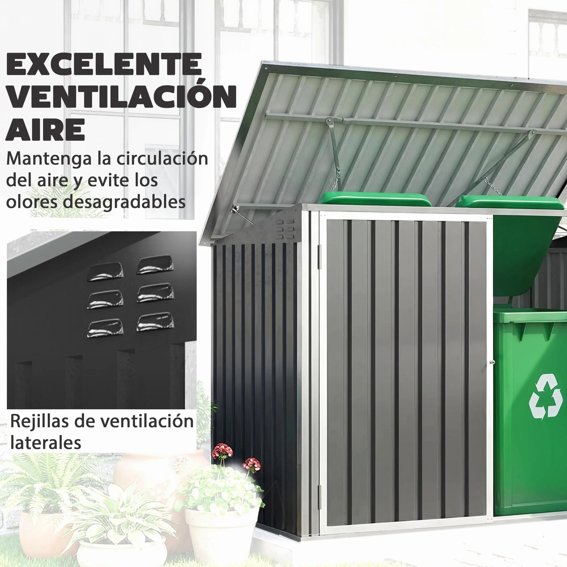 Outsunny Cobertizo para Contenedor de Basura Doble, Acero Galvanizado, 179.5x108x129.5 cm, Gris Oscuro