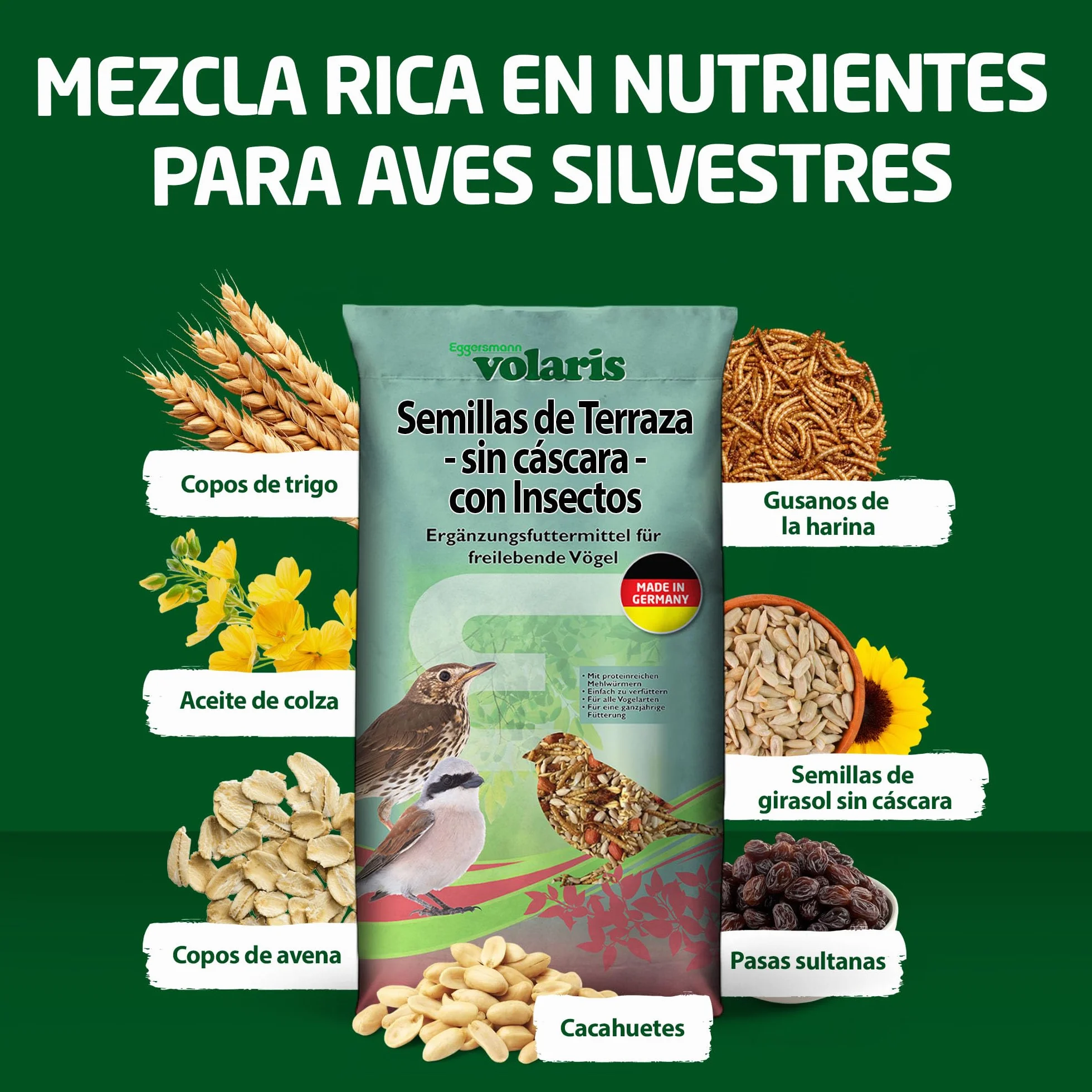 Eggersmann Volaris Alimento para aves silvestres 2,5 kg sin cáscara con gusanos de la harina y semillas de girasol