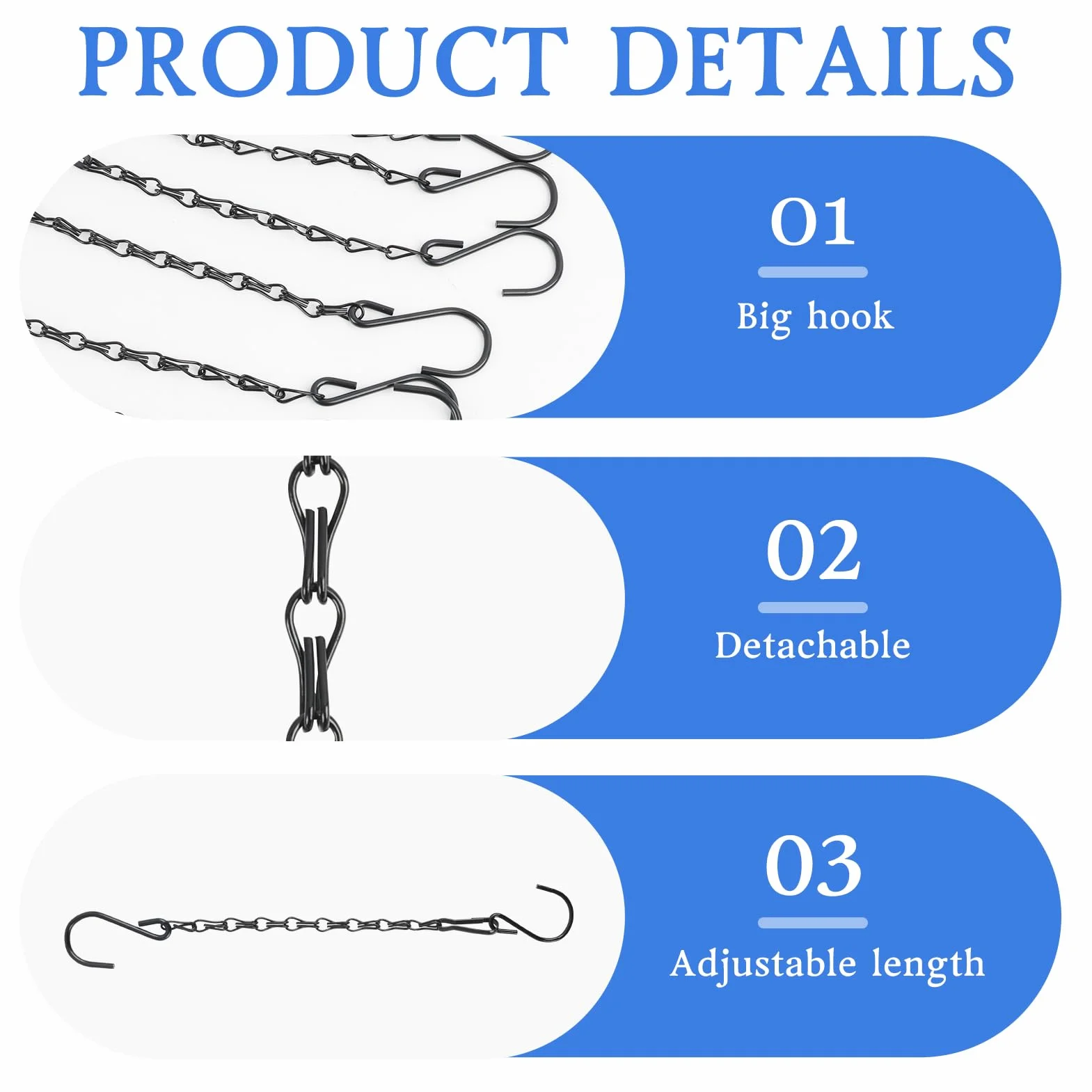 Pack de 12 Cadenas Metálicas Negras para Colgar Macetas 26,5 cm con Gancho
